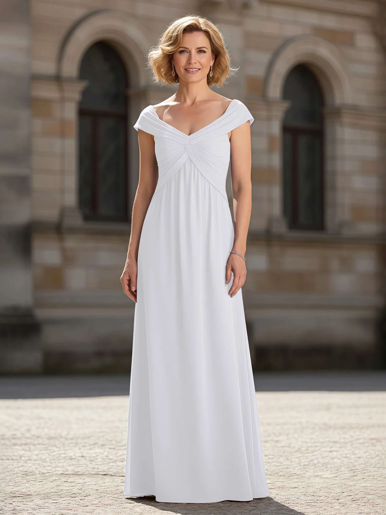 Pleated A-Line Chiffon Floor-Length Dress White