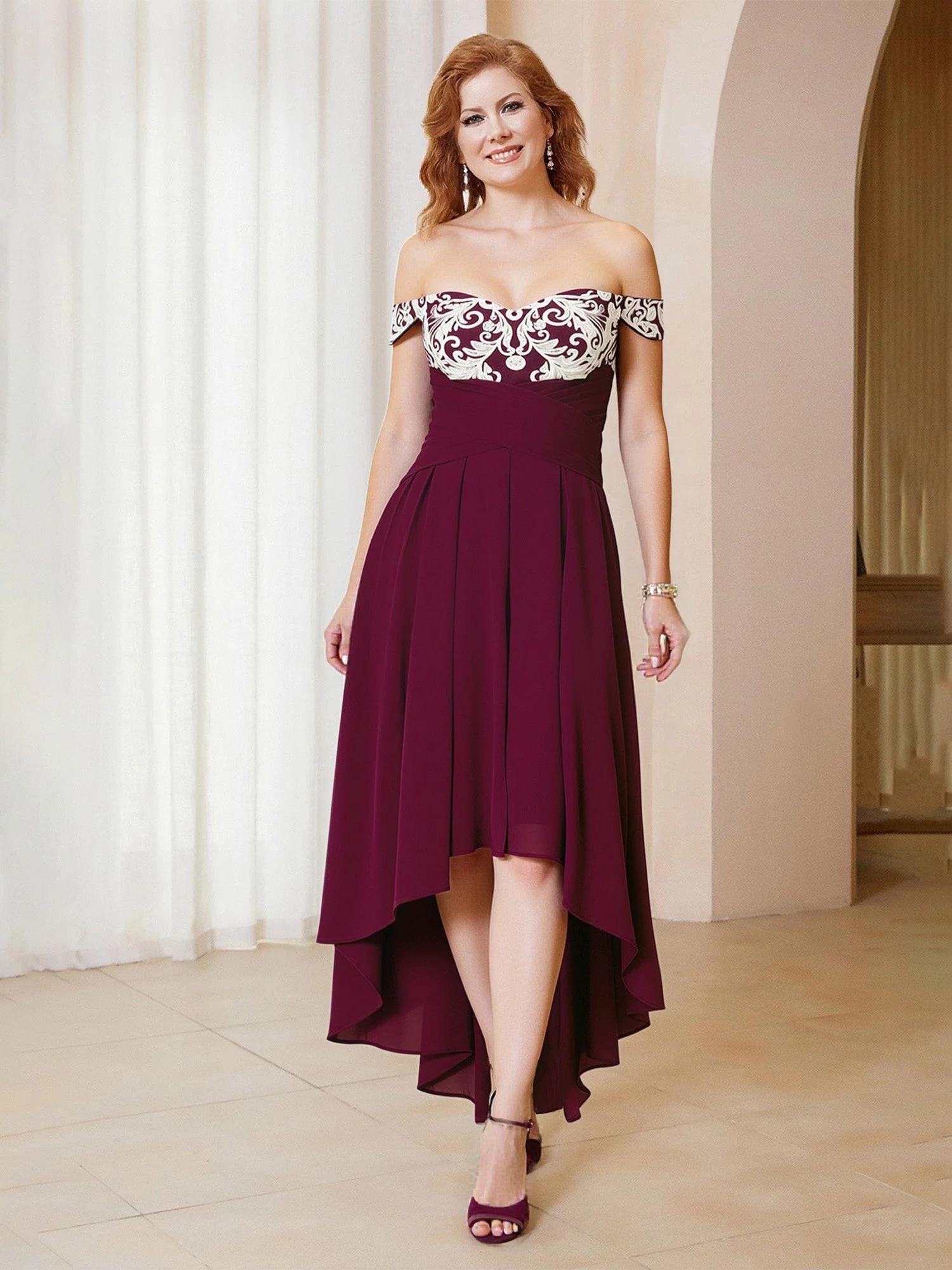 A-Line Lace Off-the-Shoulder Chiffon Asymmetrical Dress Black
