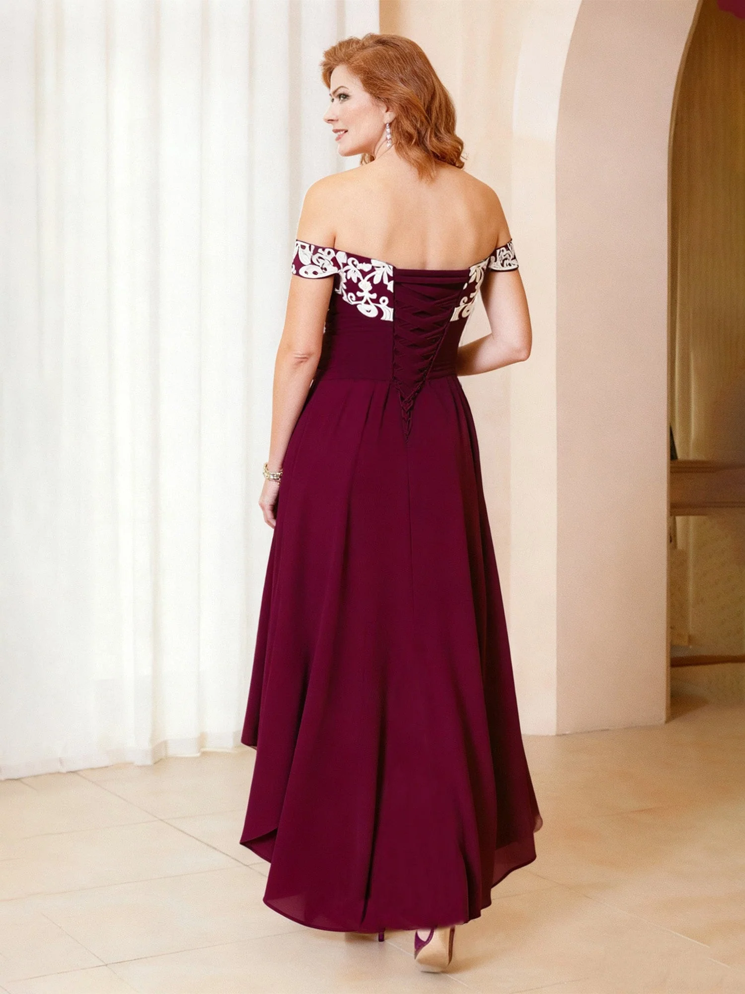 A-Line Lace Off-the-Shoulder Chiffon Asymmetrical Dress Marigold - Image 2