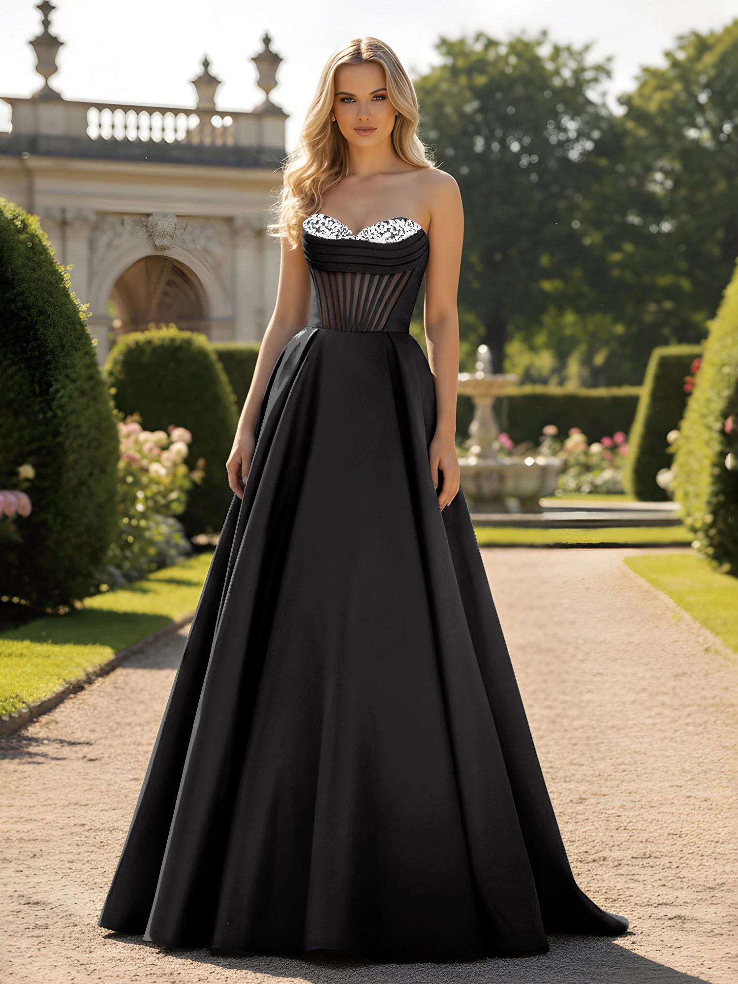 A-Line Ball Gown with Illusion Corset Bodice Black