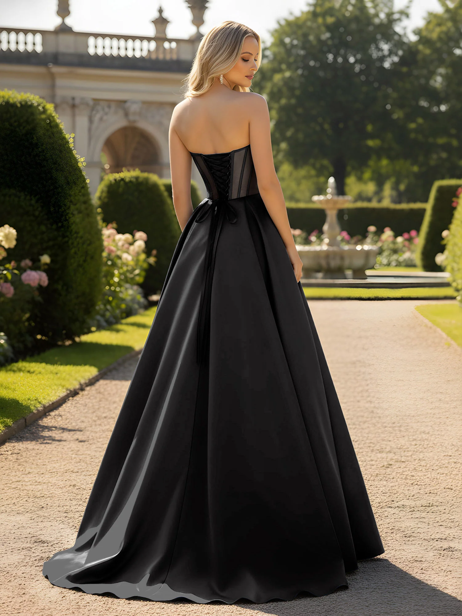 A-Line Ball Gown with Illusion Corset Bodice Black - Image 2
