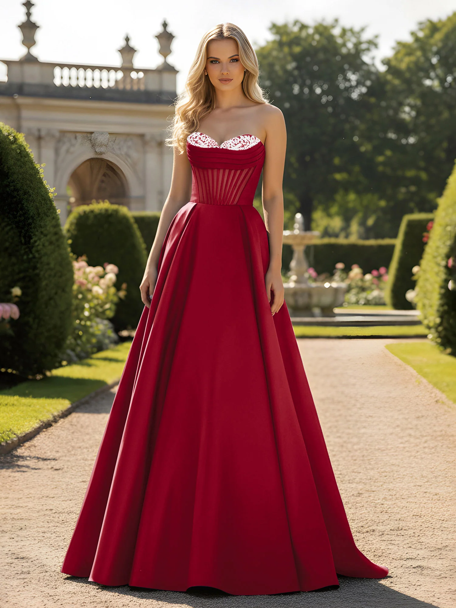A-Line Ball Gown with Illusion Corset Bodice Burgundy