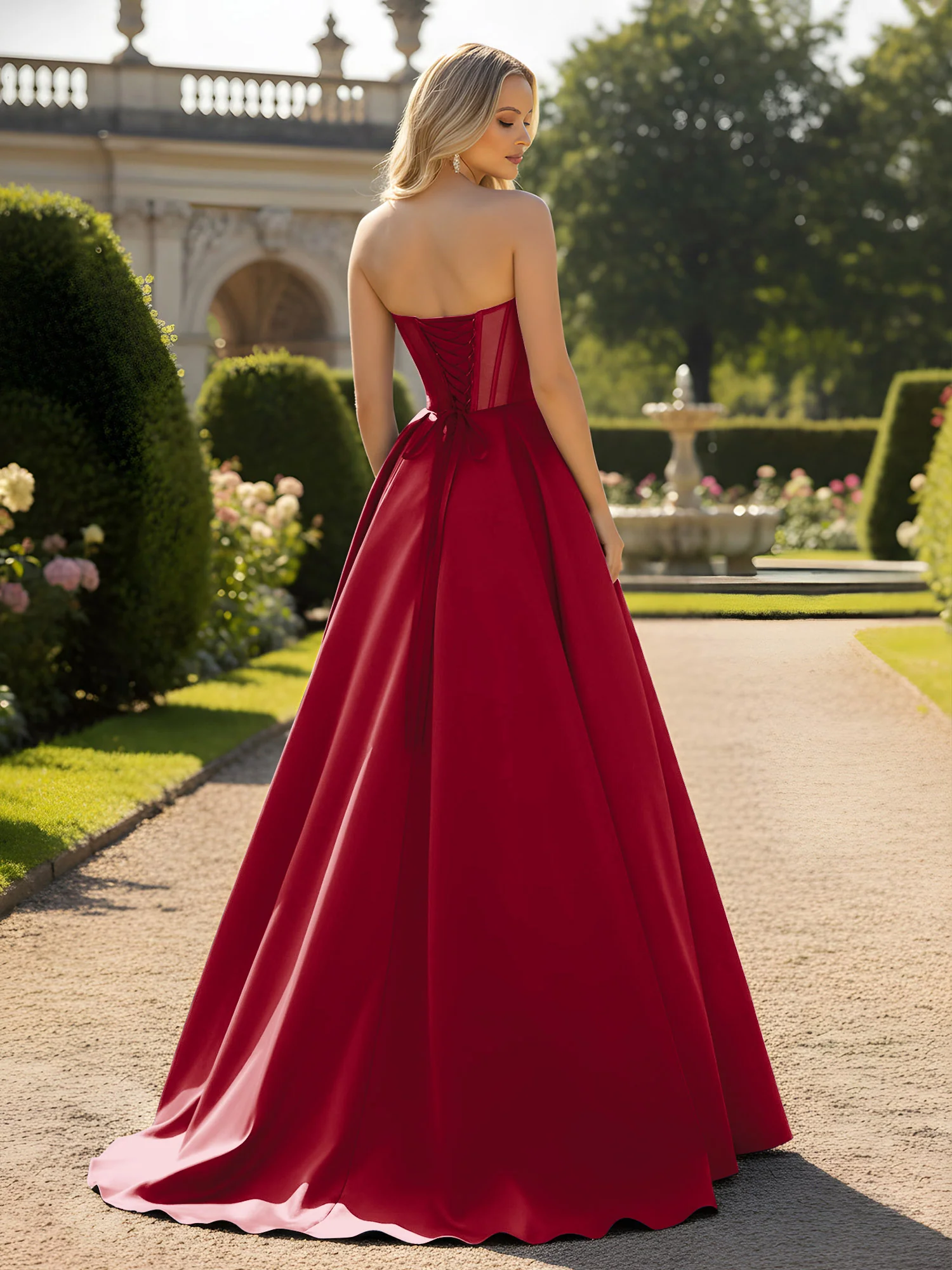 A-Line Ball Gown with Illusion Corset Bodice Burgundy - Image 2