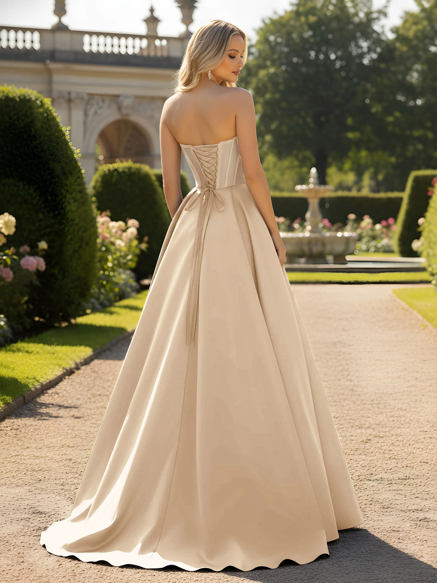A-Line Ball Gown with Illusion Corset Bodice Champagne - Image 2