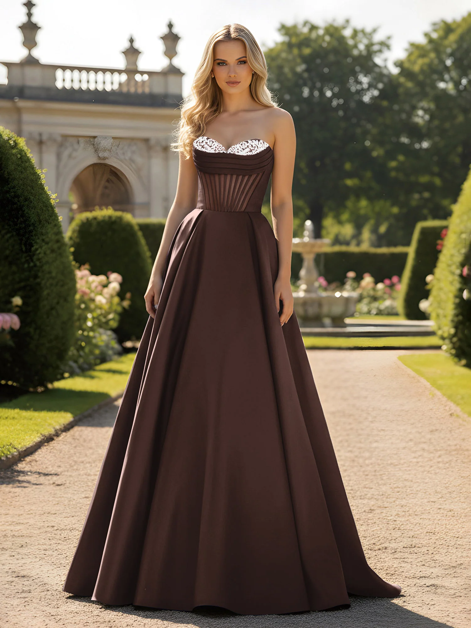 A-Line Ball Gown with Illusion Corset Bodice Chocolate
