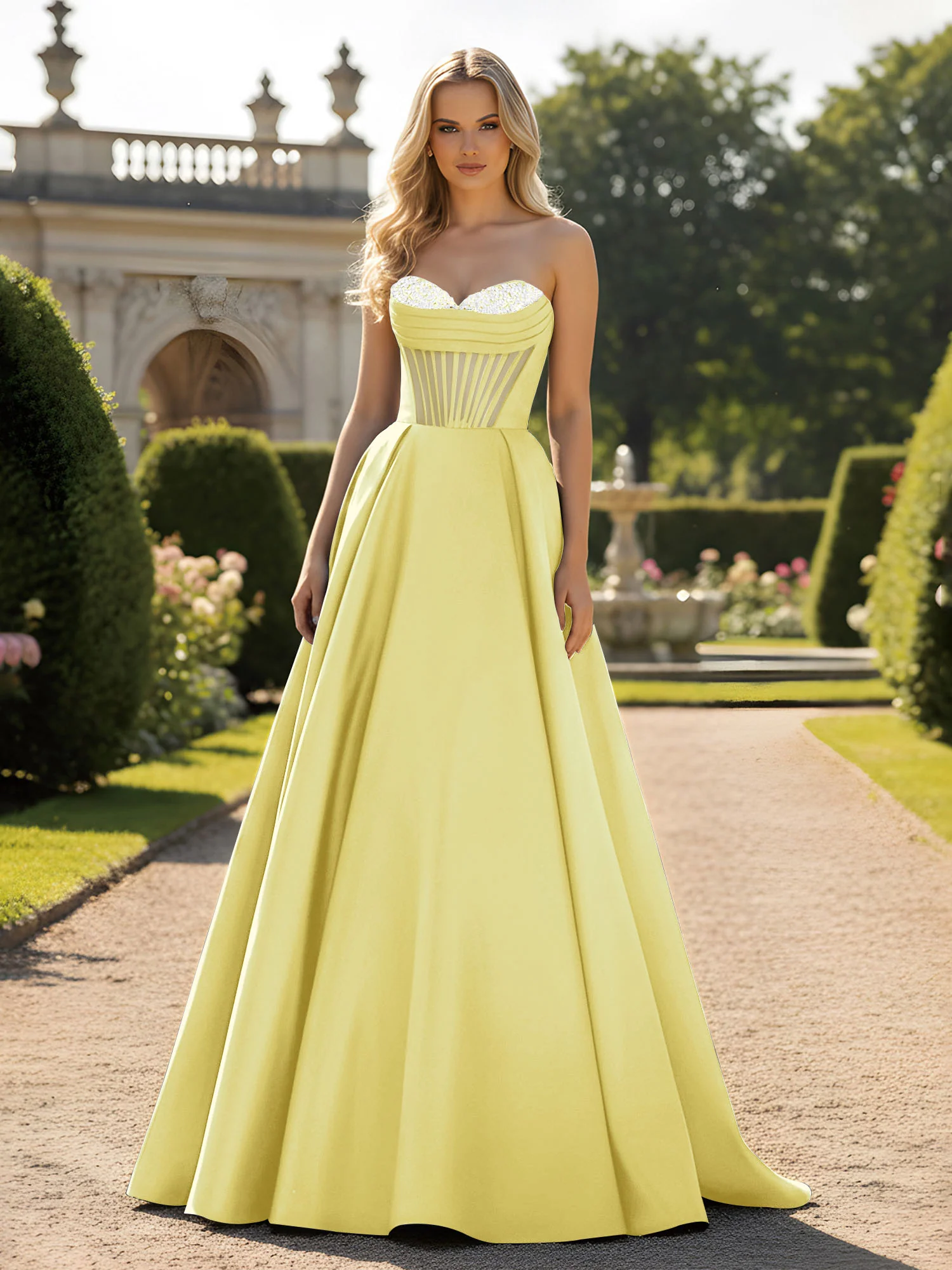 A-Line Ball Gown with Illusion Corset Bodice Daffodil