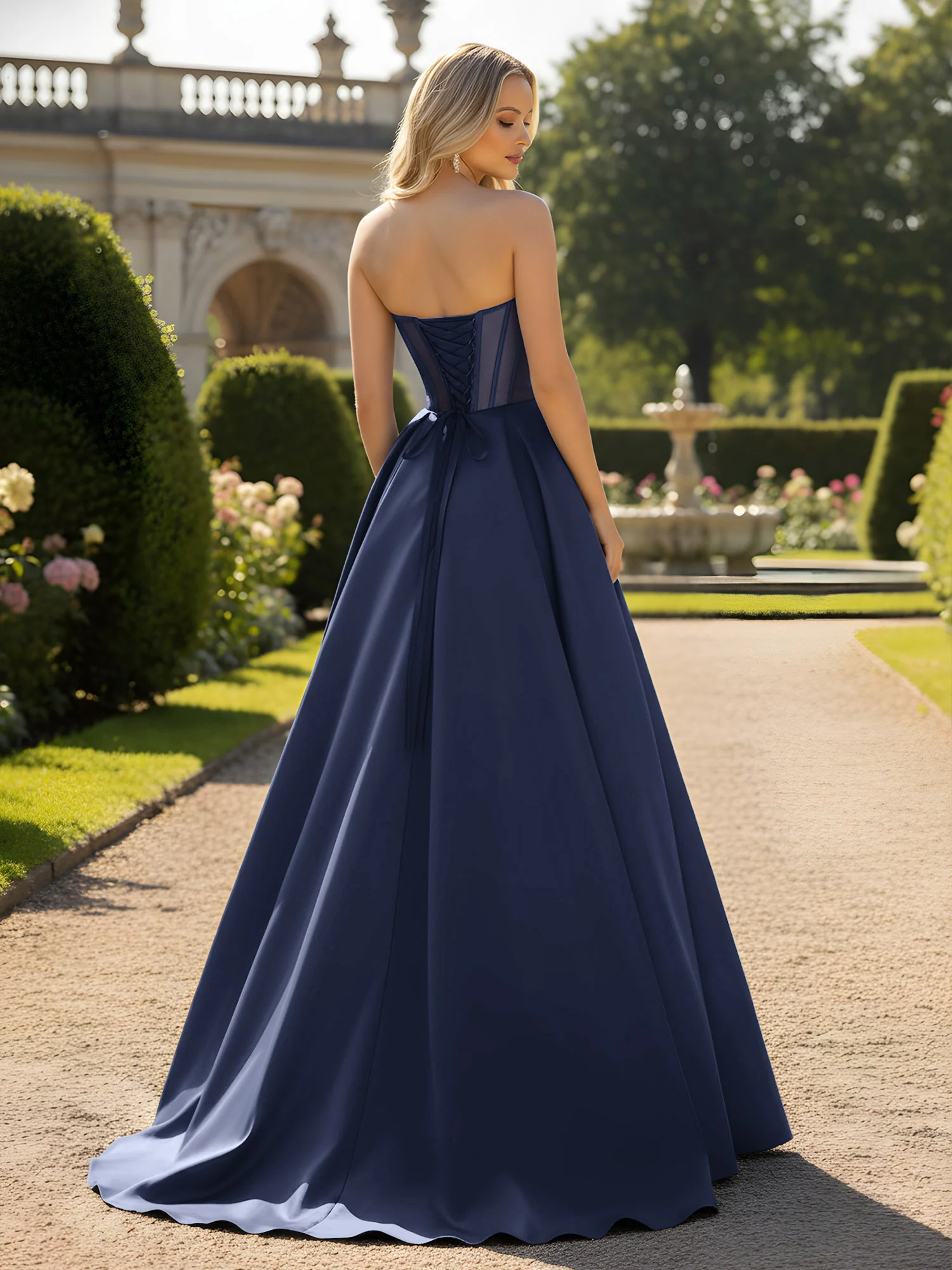 A-Line Ball Gown with Illusion Corset Bodice Dark Navy - Image 2