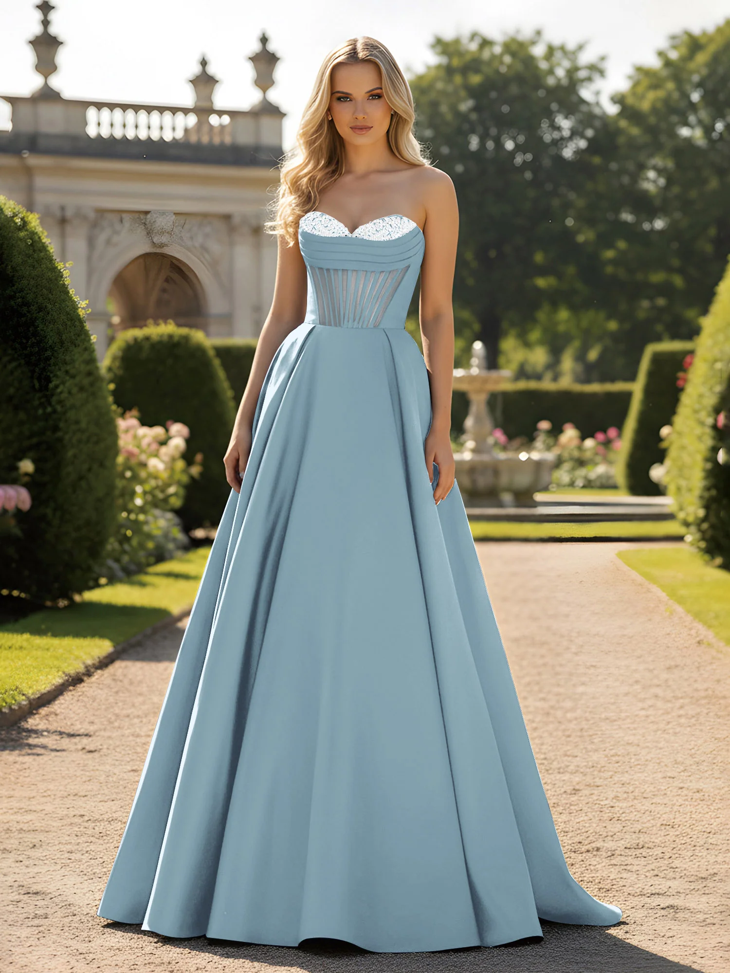 A-Line Ball Gown with Illusion Corset Bodice Dusty Blue