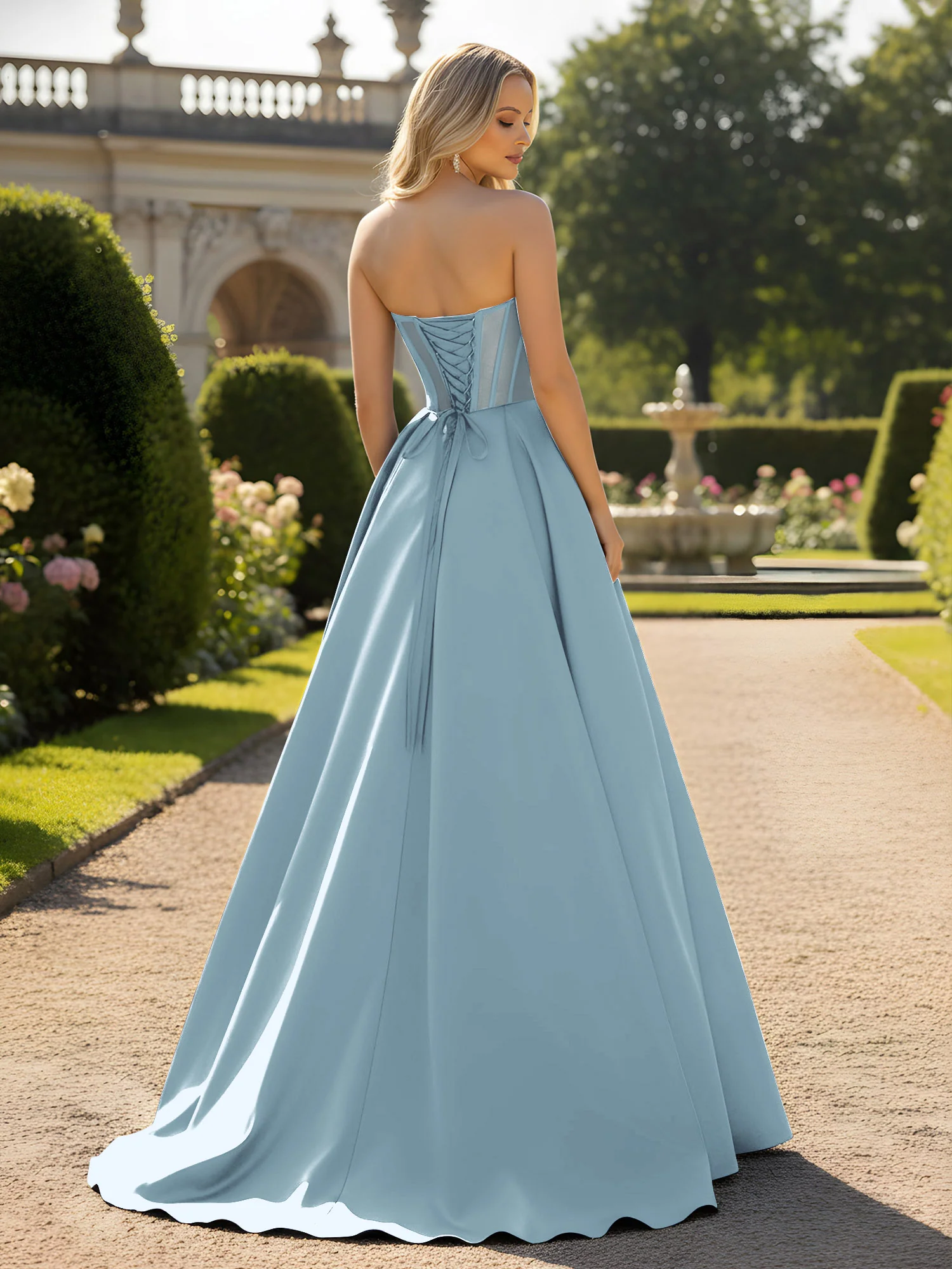 A-Line Ball Gown with Illusion Corset Bodice Dusty Blue - Image 2