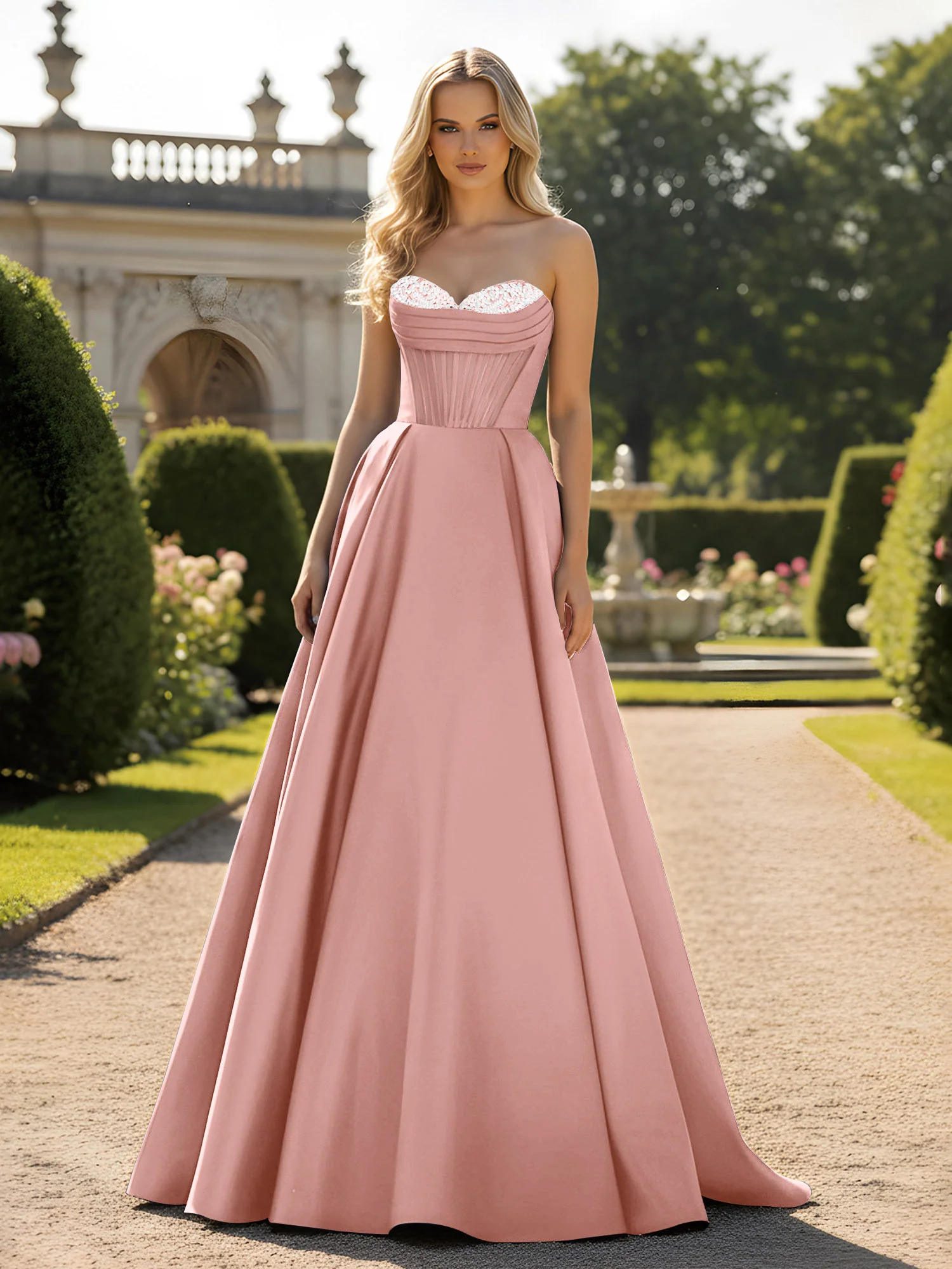 A-Line Ball Gown with Illusion Corset Bodice Dusty Rose