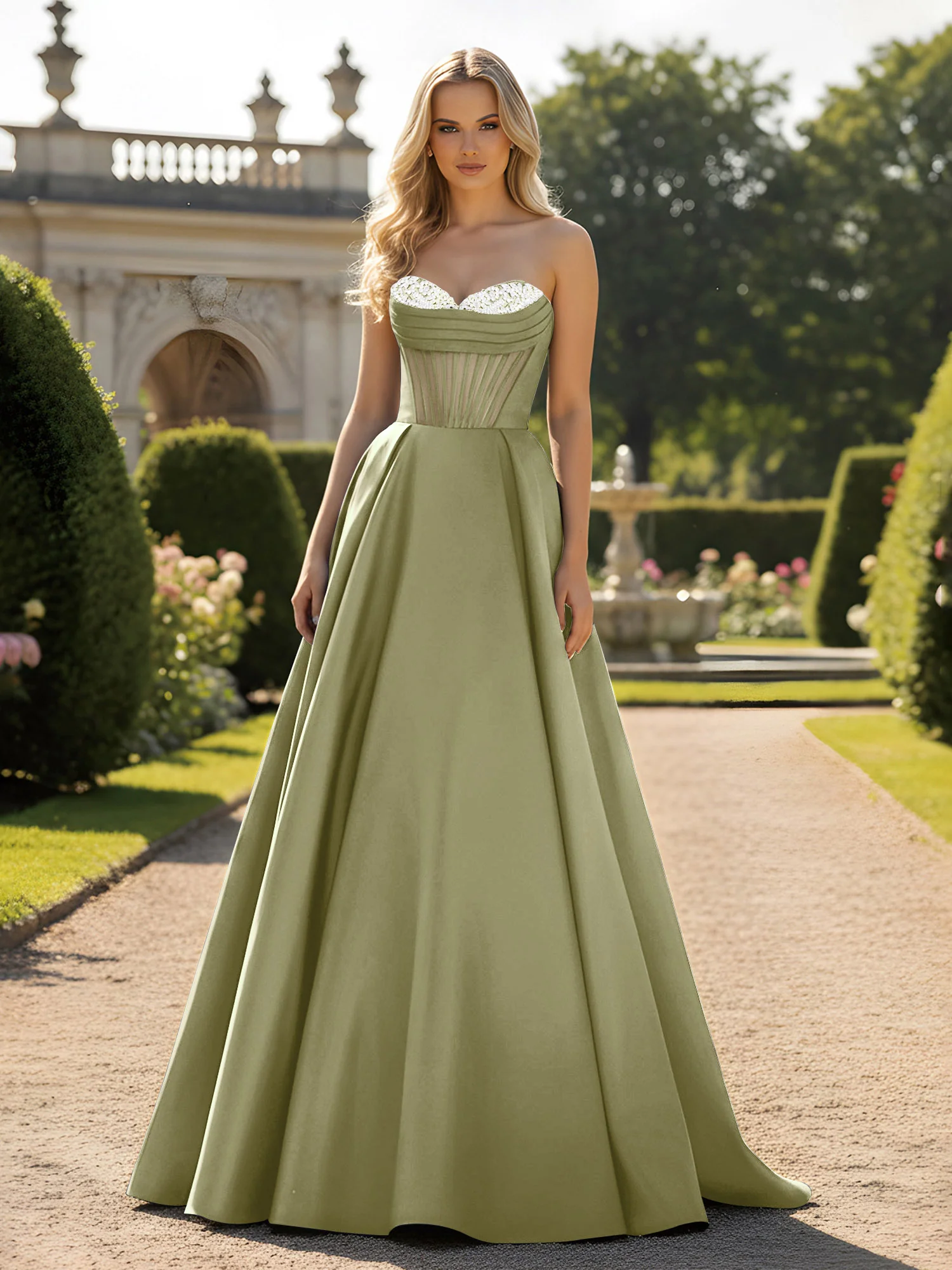 A-Line Ball Gown with Illusion Corset Bodice Dusty Sage