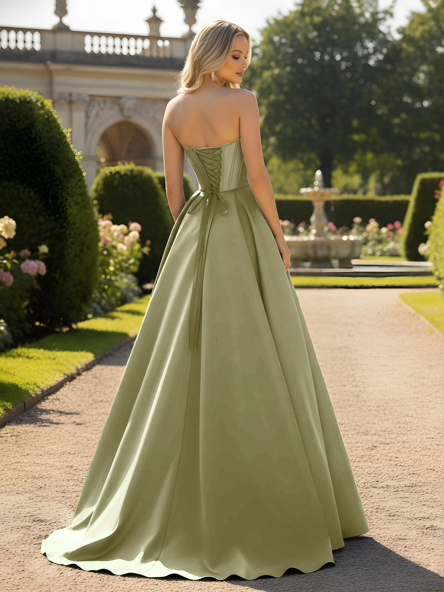 A-Line Ball Gown with Illusion Corset Bodice Dusty Sage - Image 2
