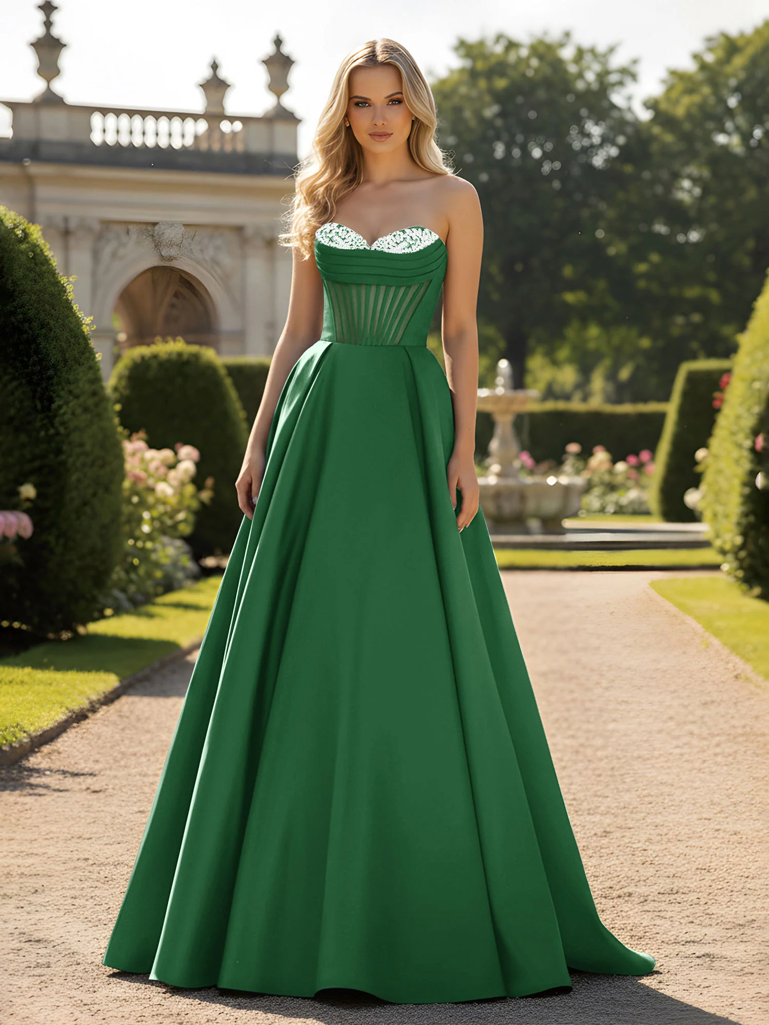 A-Line Ball Gown with Illusion Corset Bodice Emerald