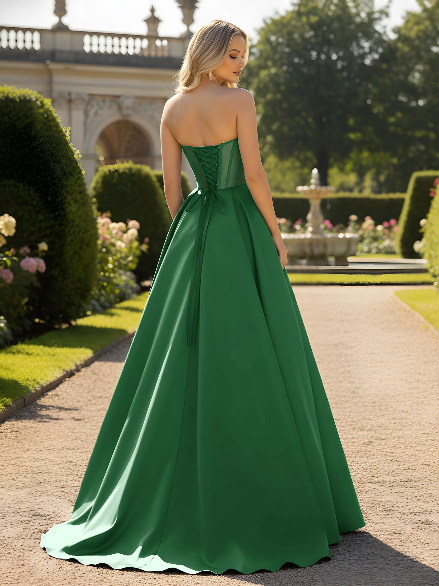 A-Line Ball Gown with Illusion Corset Bodice Emerald - Image 2