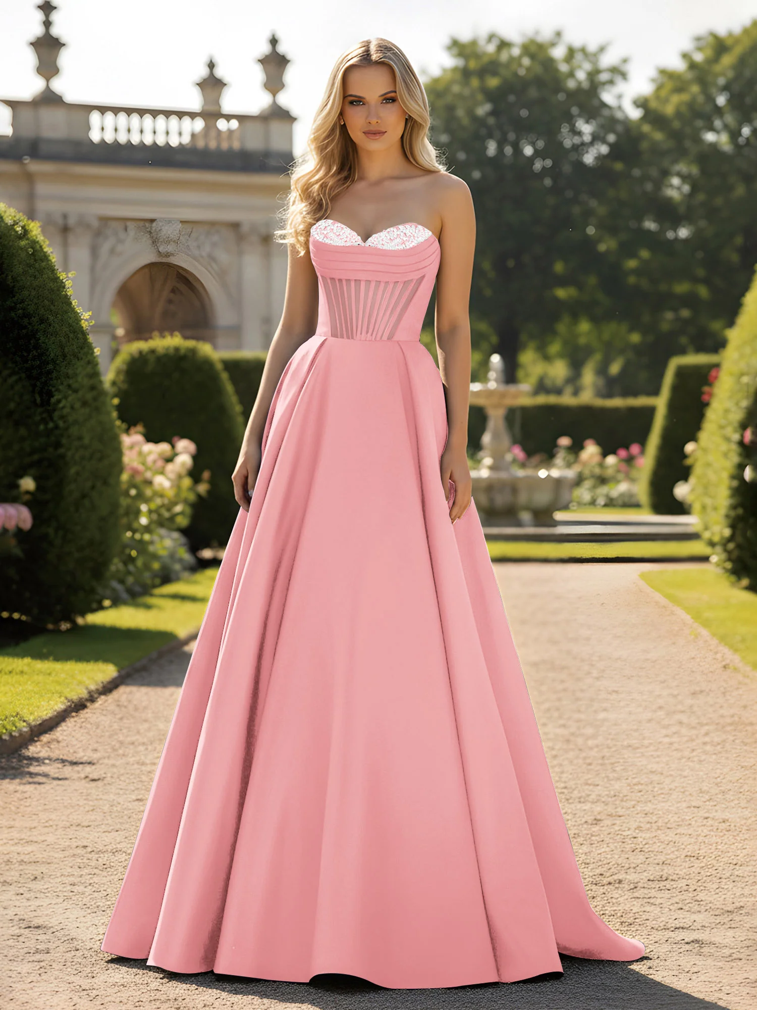 A-Line Ball Gown with Illusion Corset Bodice Flamingo