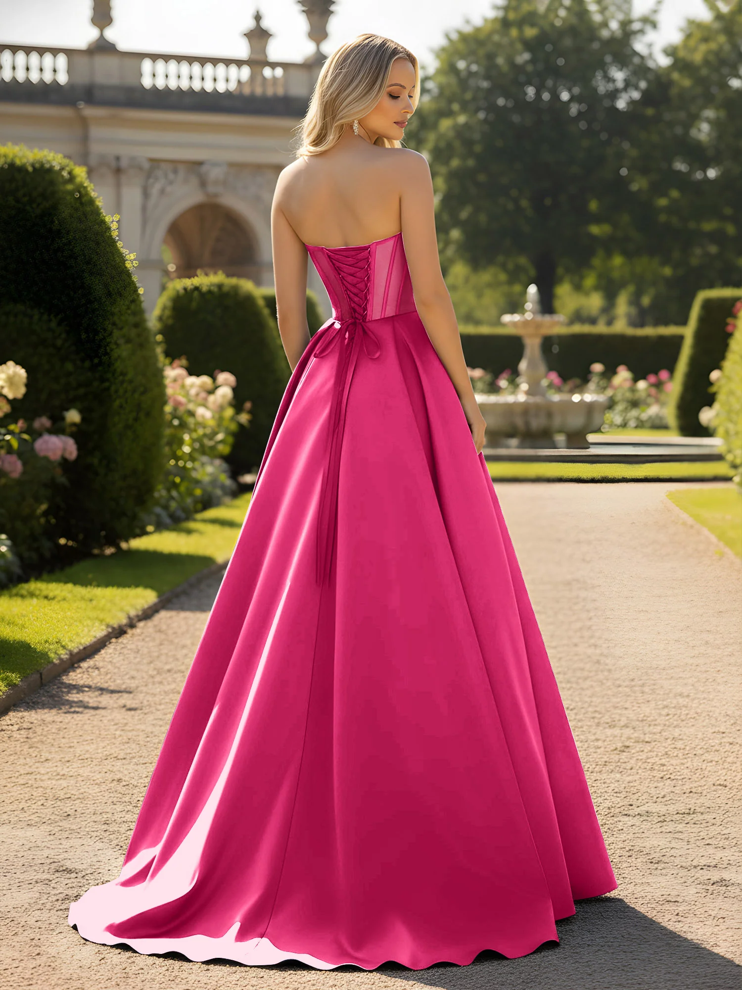 A-Line Ball Gown with Illusion Corset Bodice Fuchsia - Image 2