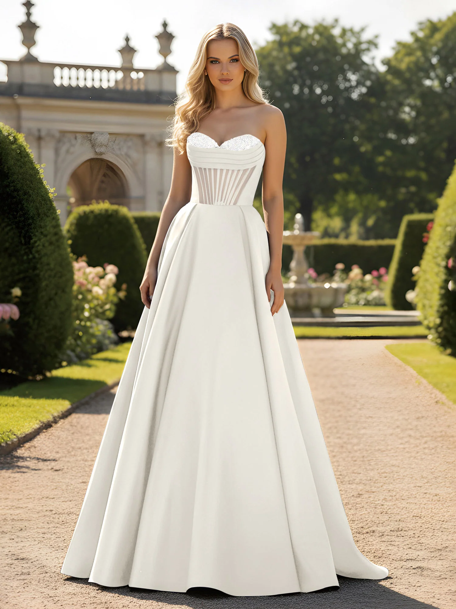 A-Line Ball Gown with Illusion Corset Bodice Ivory