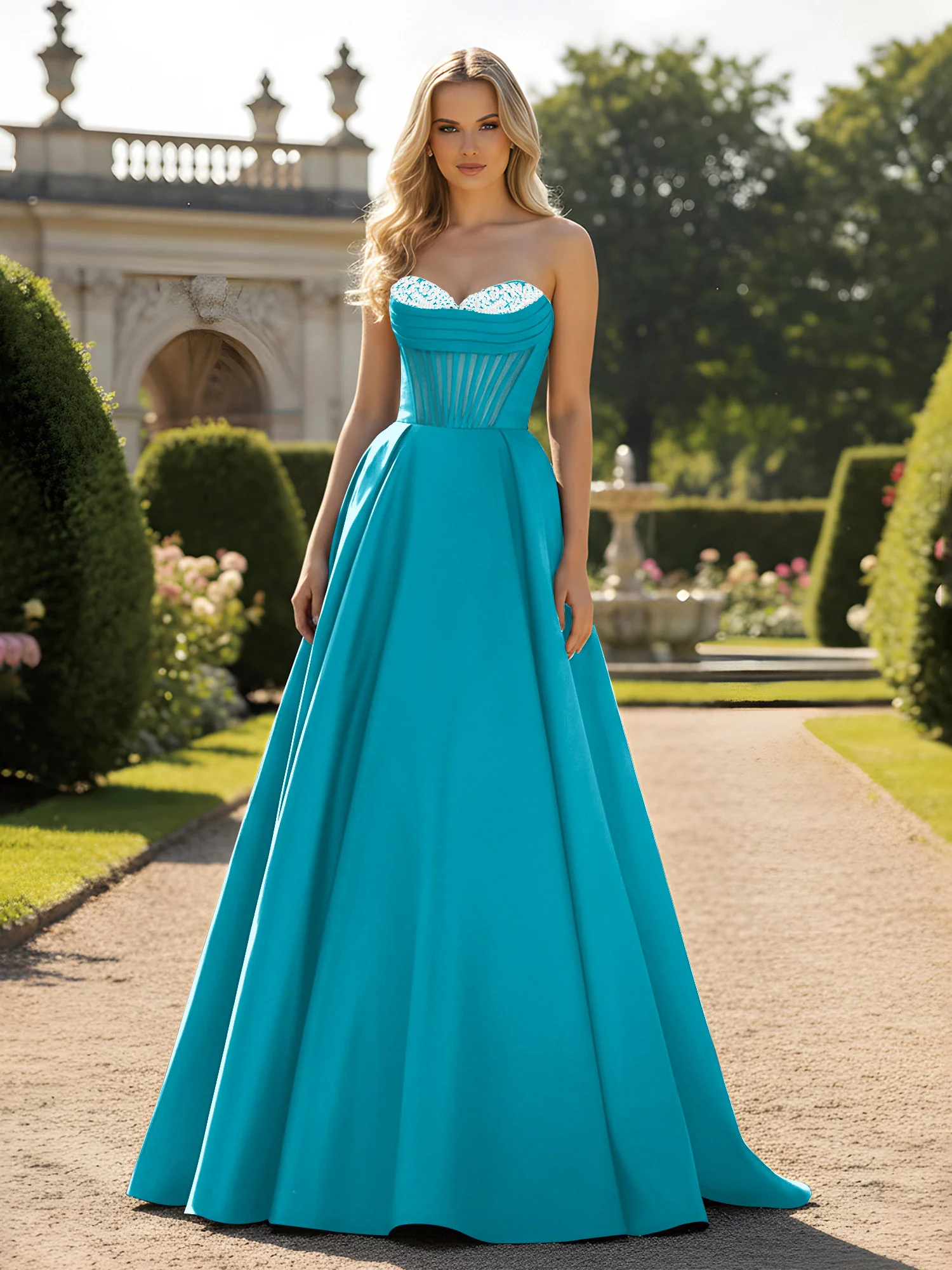 A-Line Ball Gown with Illusion Corset Bodice Jade