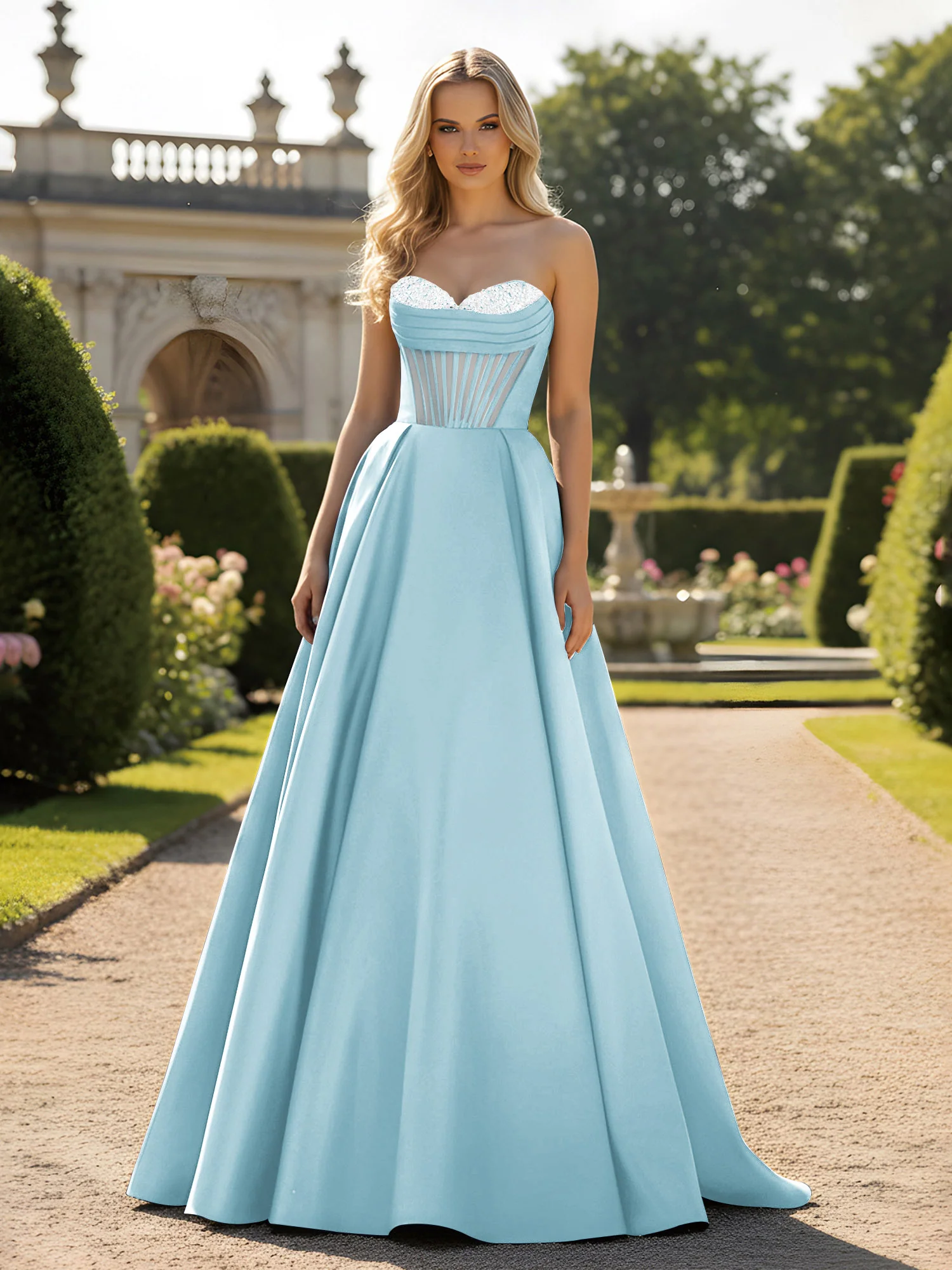 A-Line Ball Gown with Illusion Corset Bodice Mist
