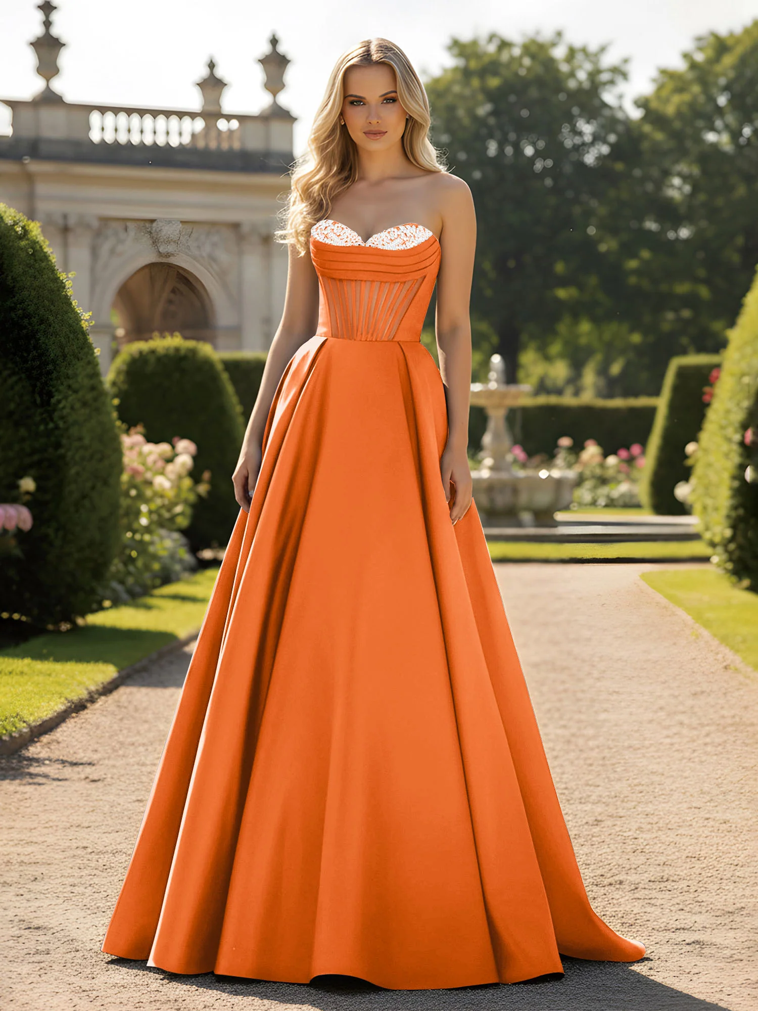 A-Line Ball Gown with Illusion Corset Bodice Orange