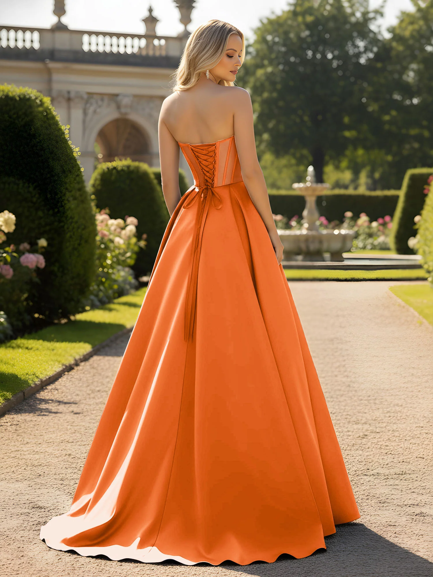 A-Line Ball Gown with Illusion Corset Bodice Orange - Image 2