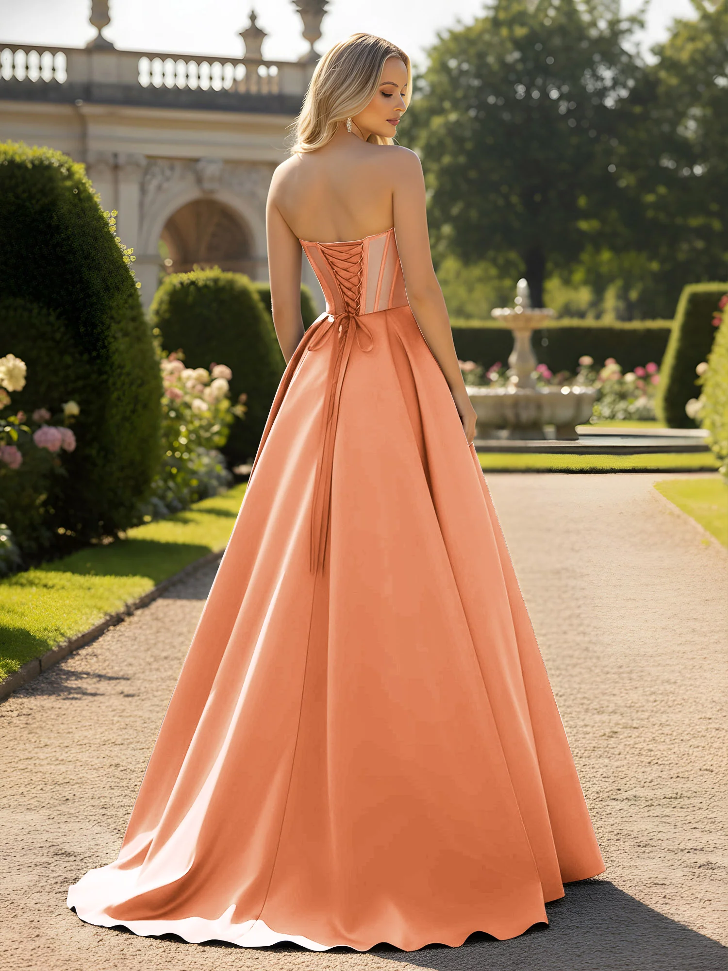 A-Line Ball Gown with Illusion Corset Bodice Papaya - Image 2