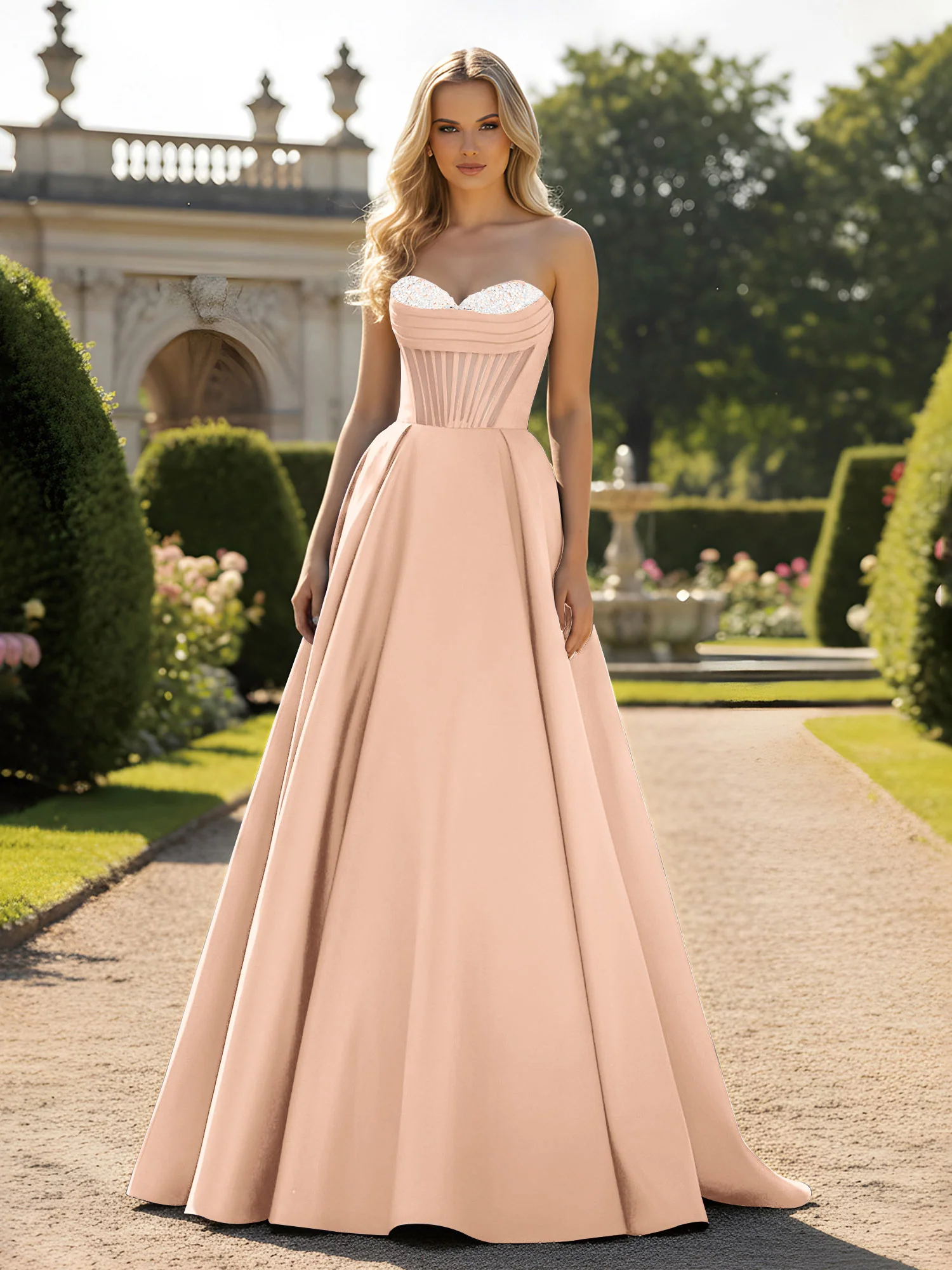 A-Line Ball Gown with Illusion Corset Bodice Peach