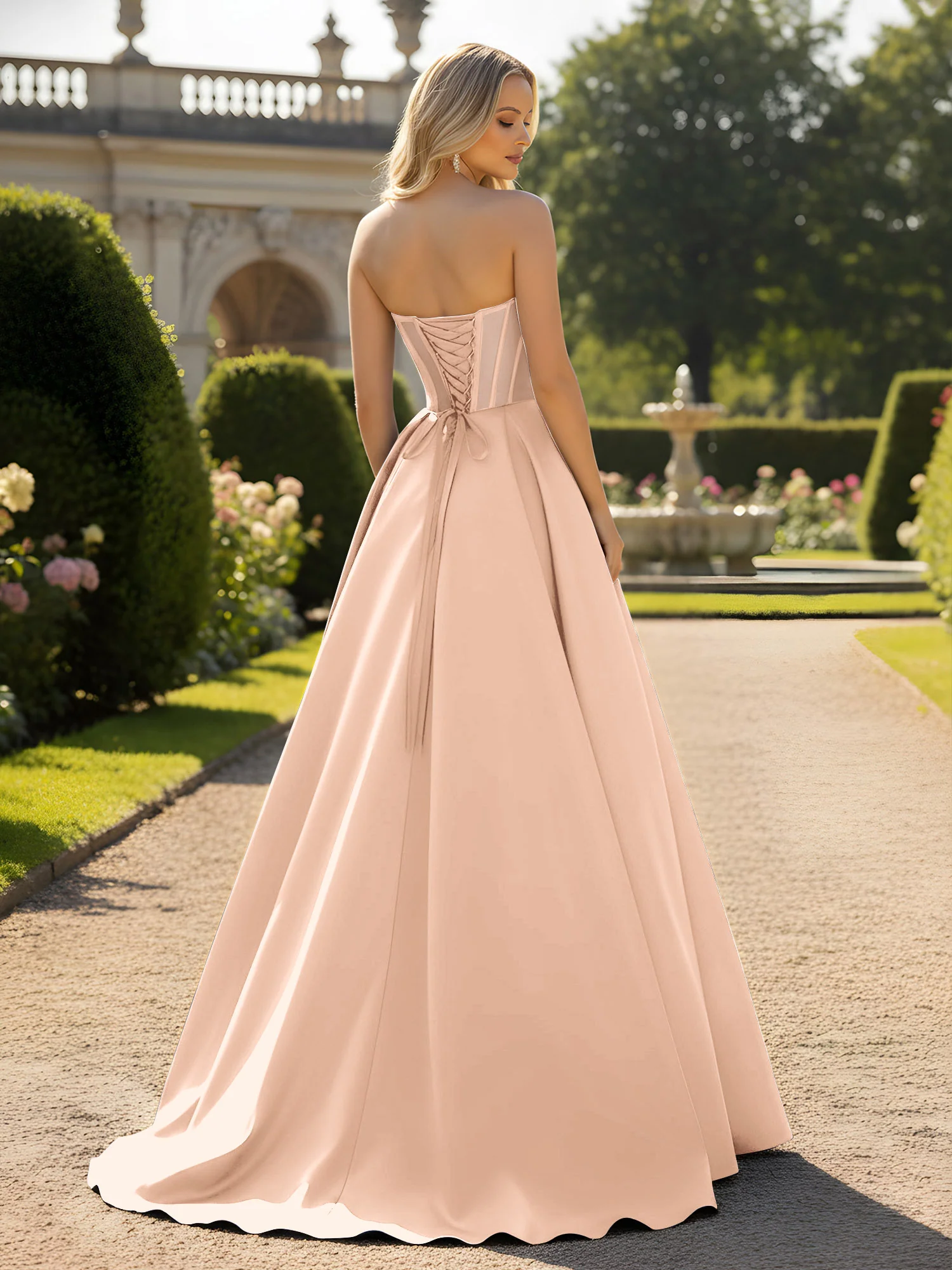 A-Line Ball Gown with Illusion Corset Bodice Peach - Image 2