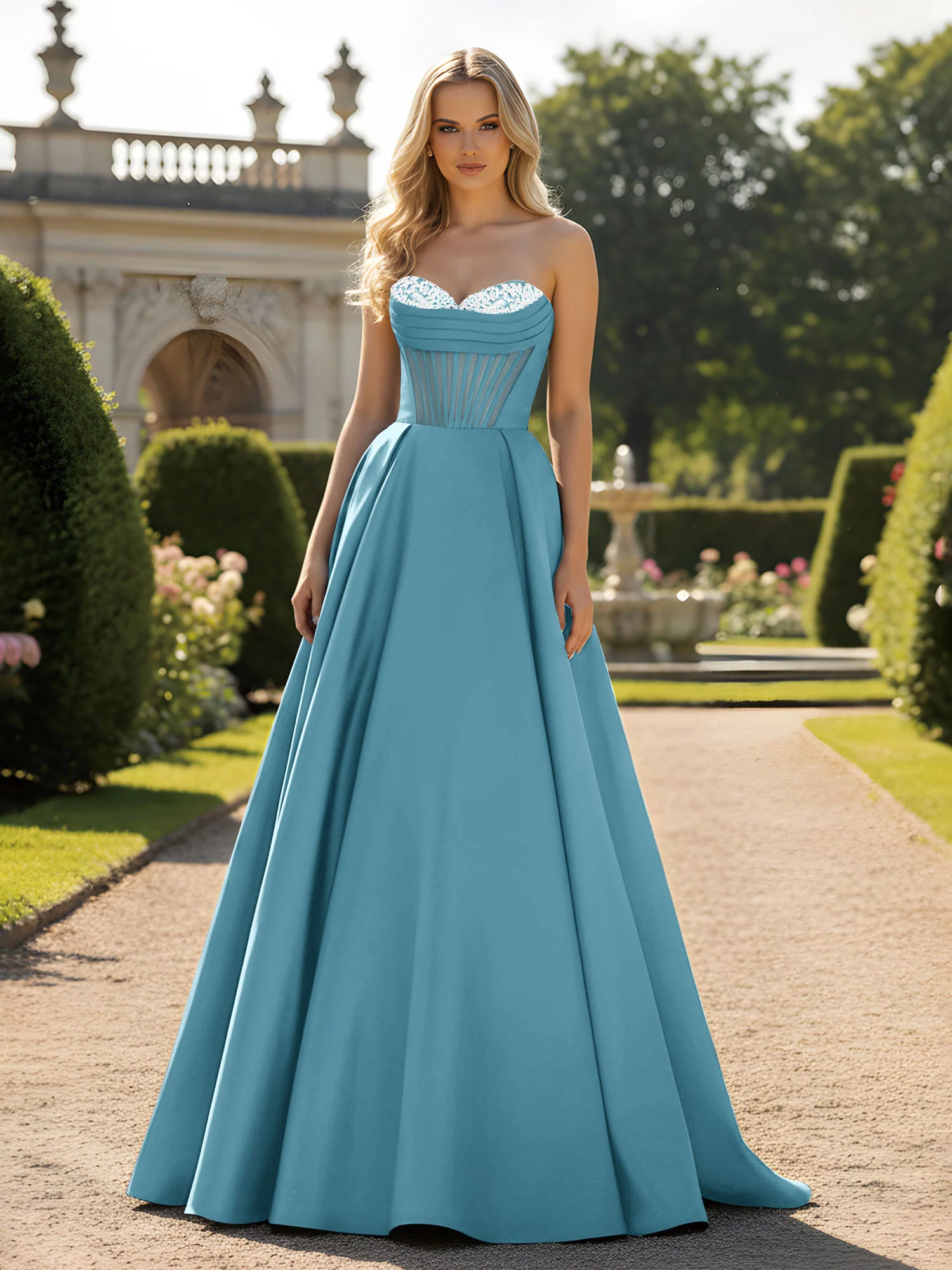 A-Line Ball Gown with Illusion Corset Bodice Pool