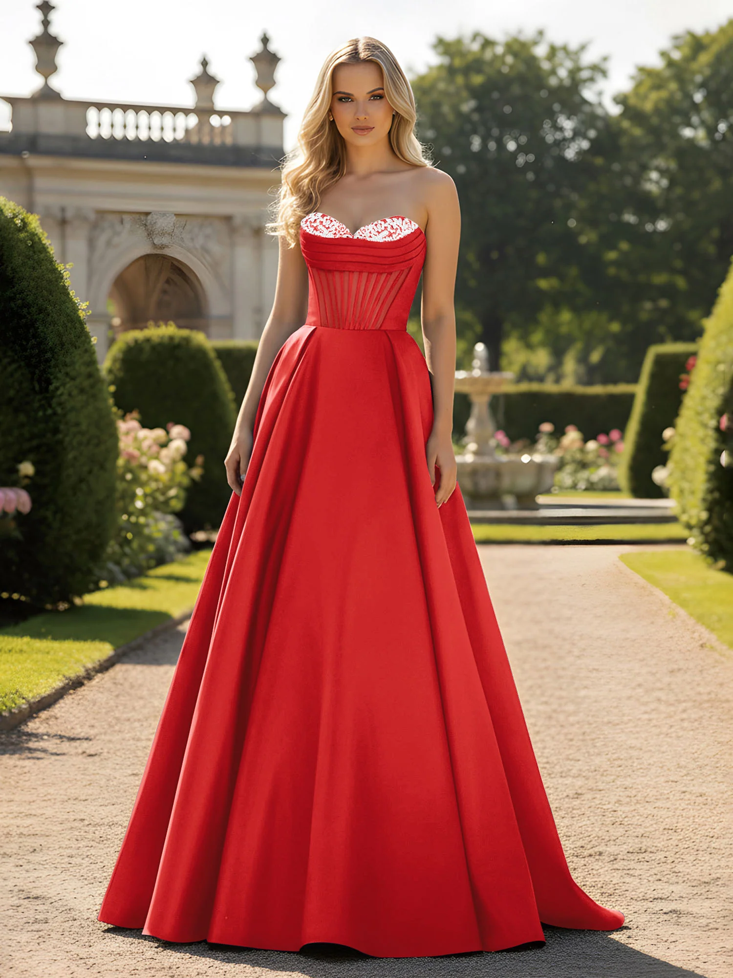 A-Line Ball Gown with Illusion Corset Bodice Red
