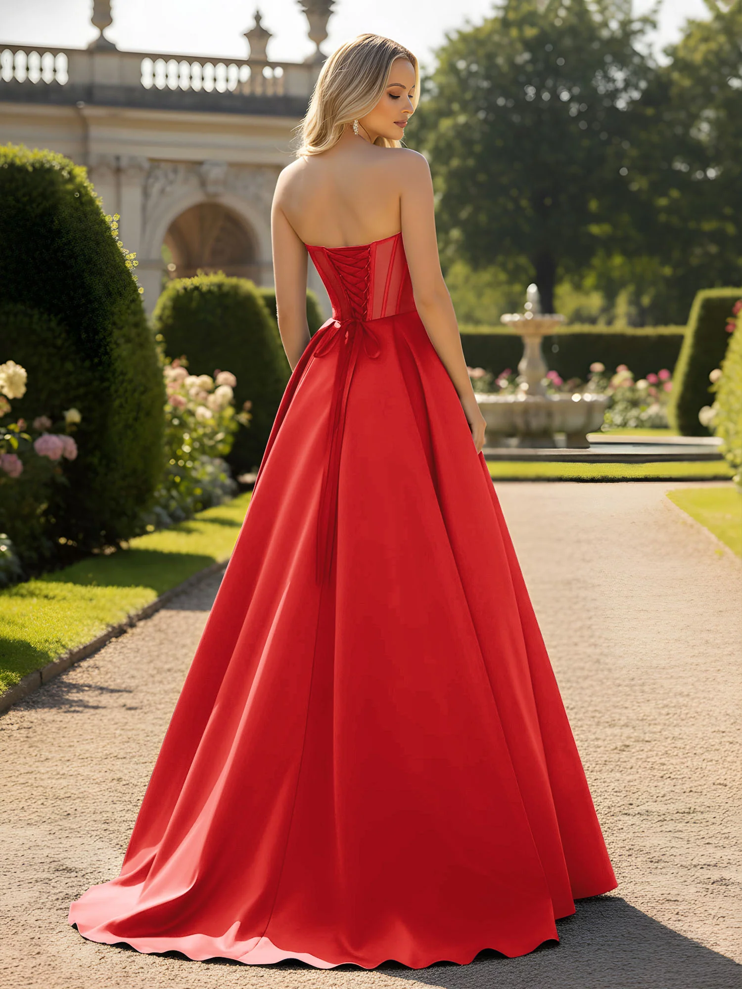 A-Line Ball Gown with Illusion Corset Bodice Red - Image 2