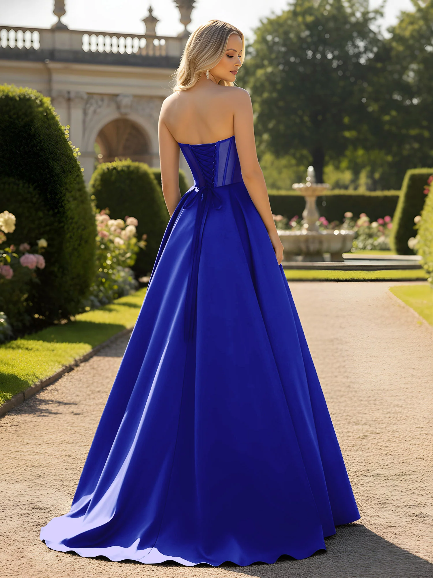 A-Line Ball Gown with Illusion Corset Bodice Royal Blue - Image 2