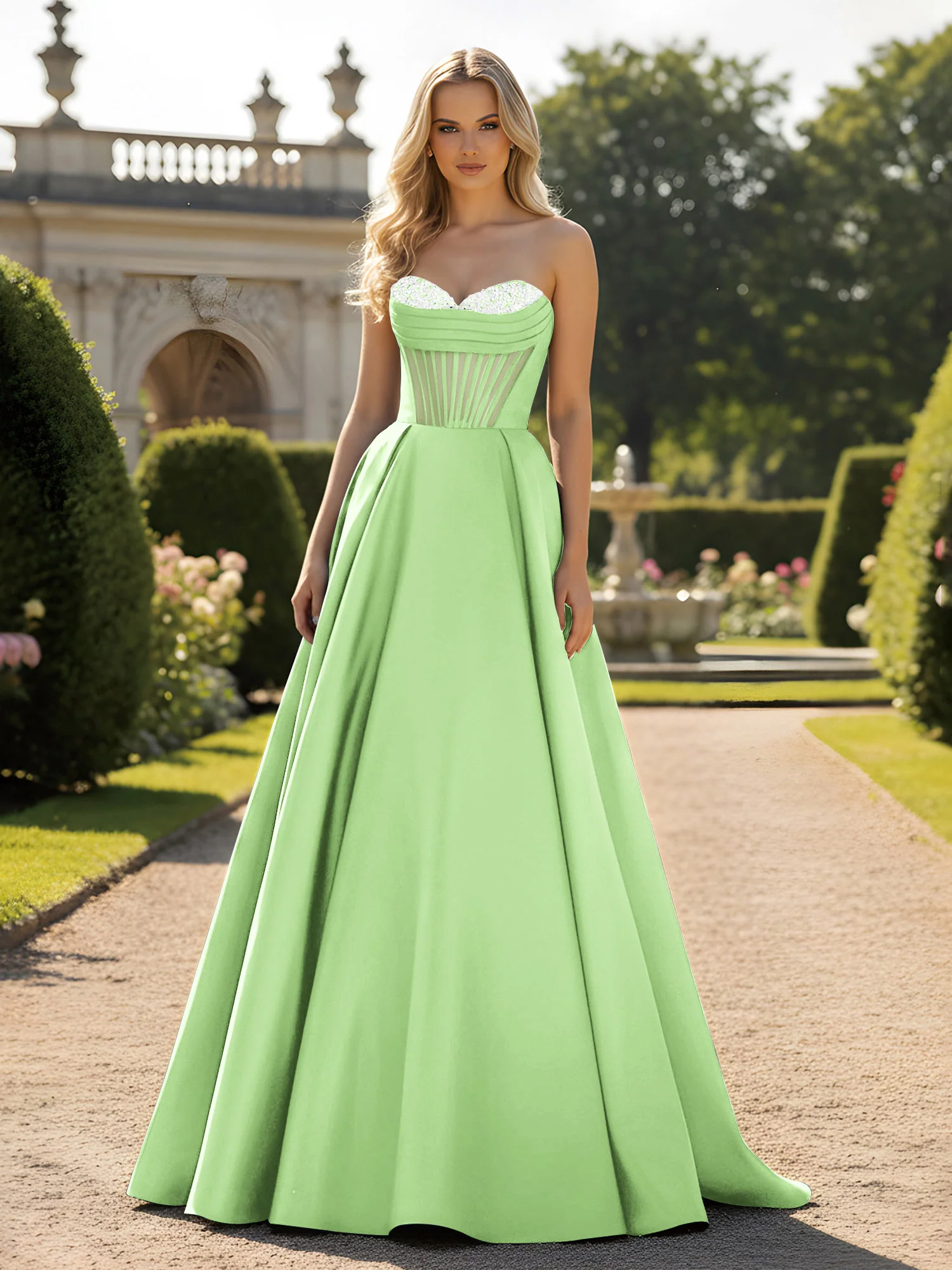 A-Line Ball Gown with Illusion Corset Bodice Sage