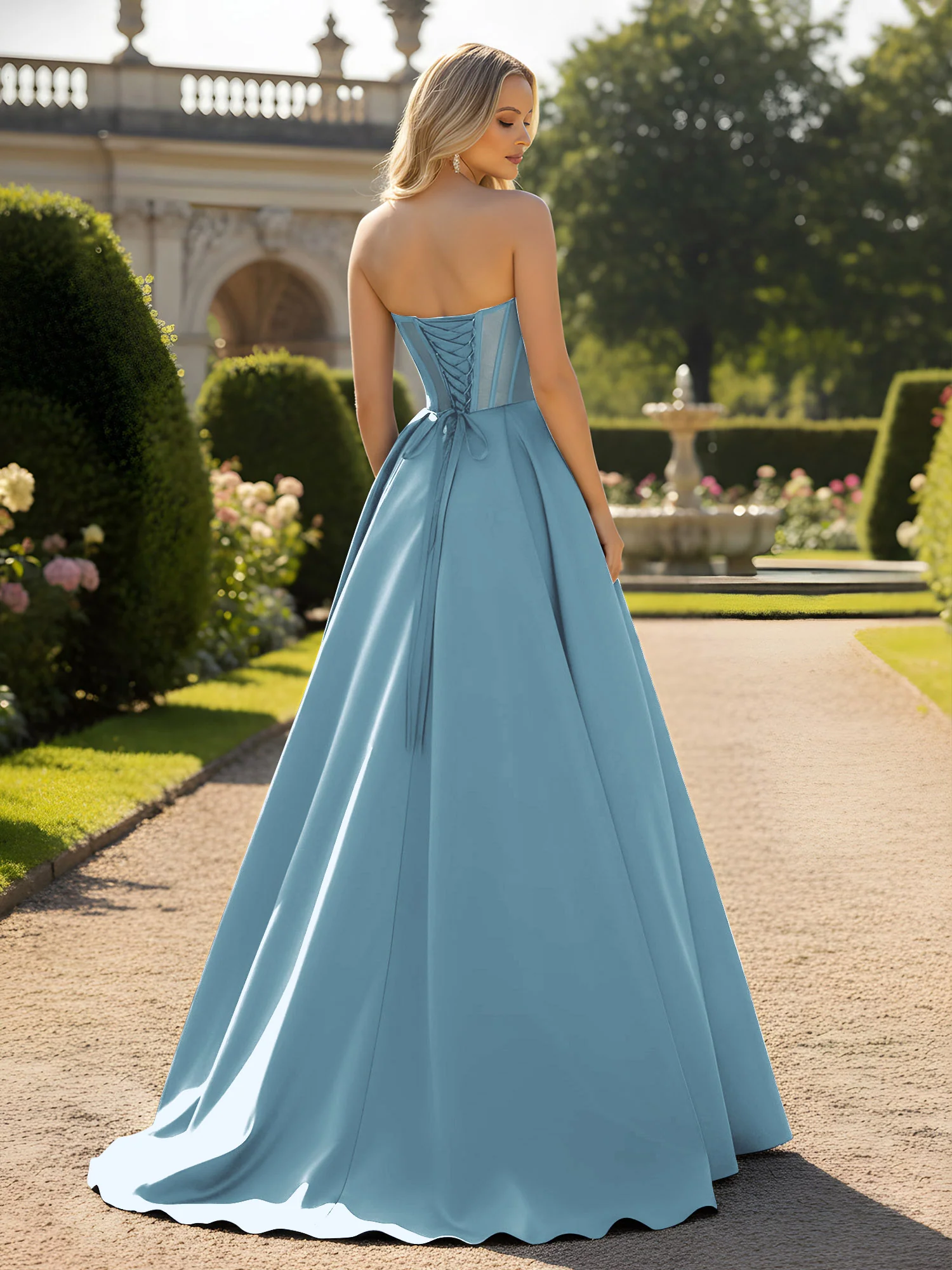 A-Line Ball Gown with Illusion Corset Bodice Slate Blue - Image 2