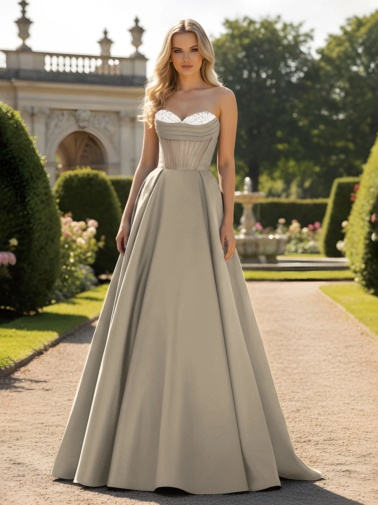 A-Line Ball Gown with Illusion Corset Bodice Taupe