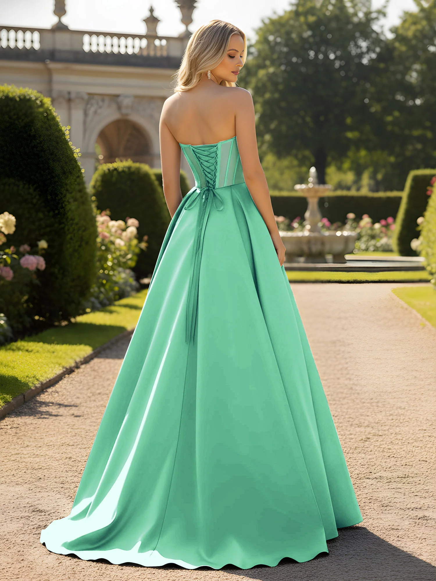 A-Line Ball Gown with Illusion Corset Bodice Turquoise - Image 2