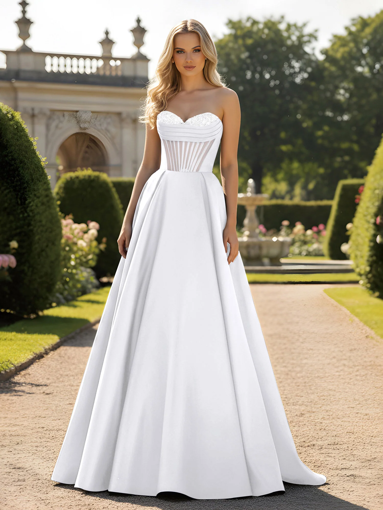 A-Line Ball Gown with Illusion Corset Bodice White