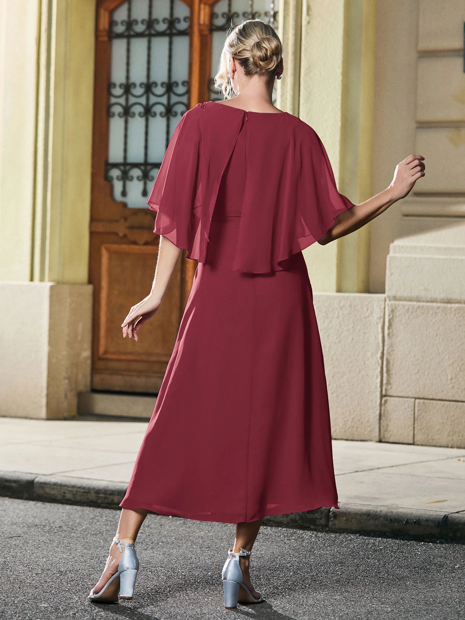 Cap Sleeve A-line Chiffon Tea-length Dress Cinnamon Rose - Image 2