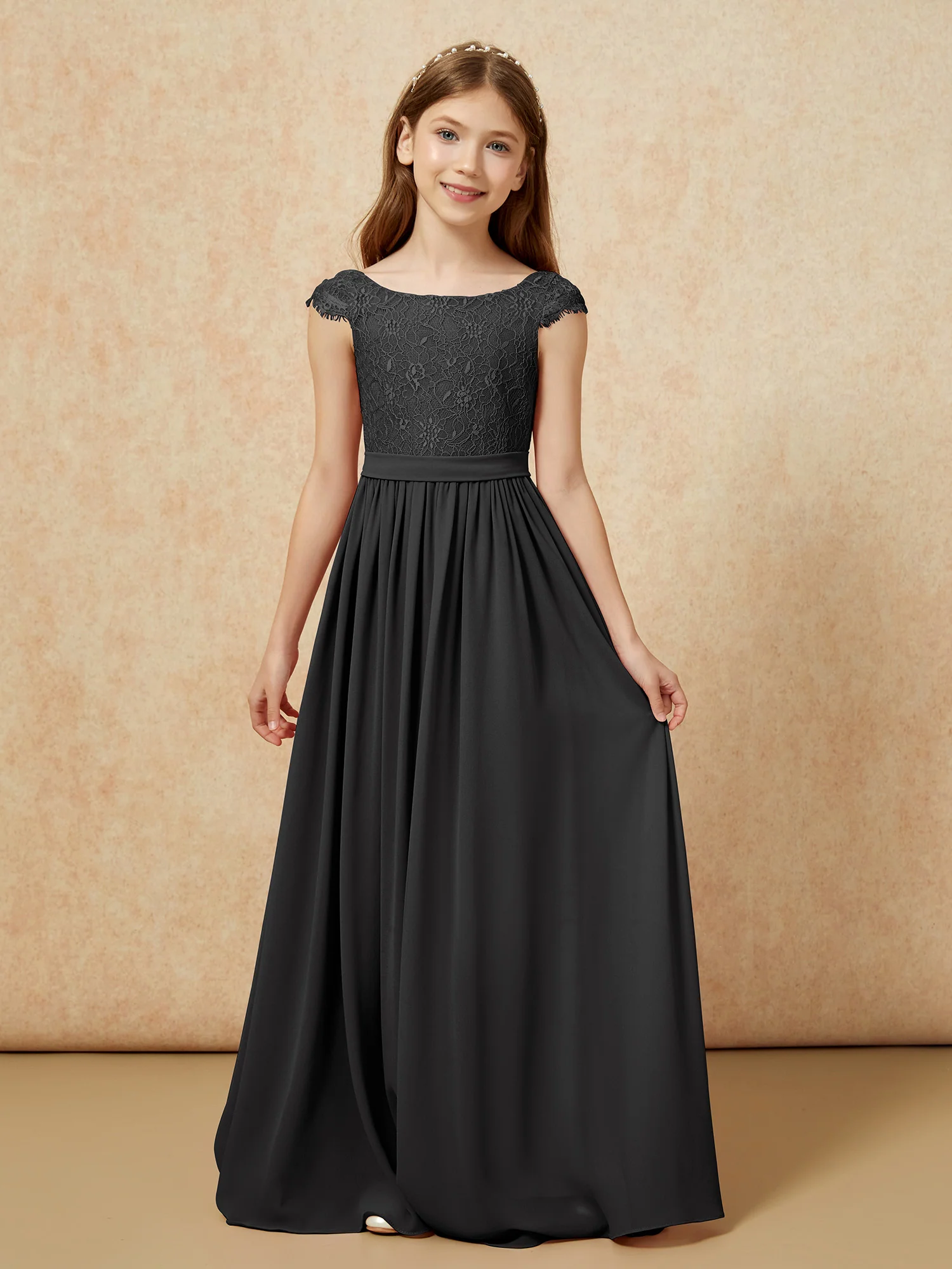 Cap Sleeve Lace Chiffon Junior Bridesmaid Dresses Black