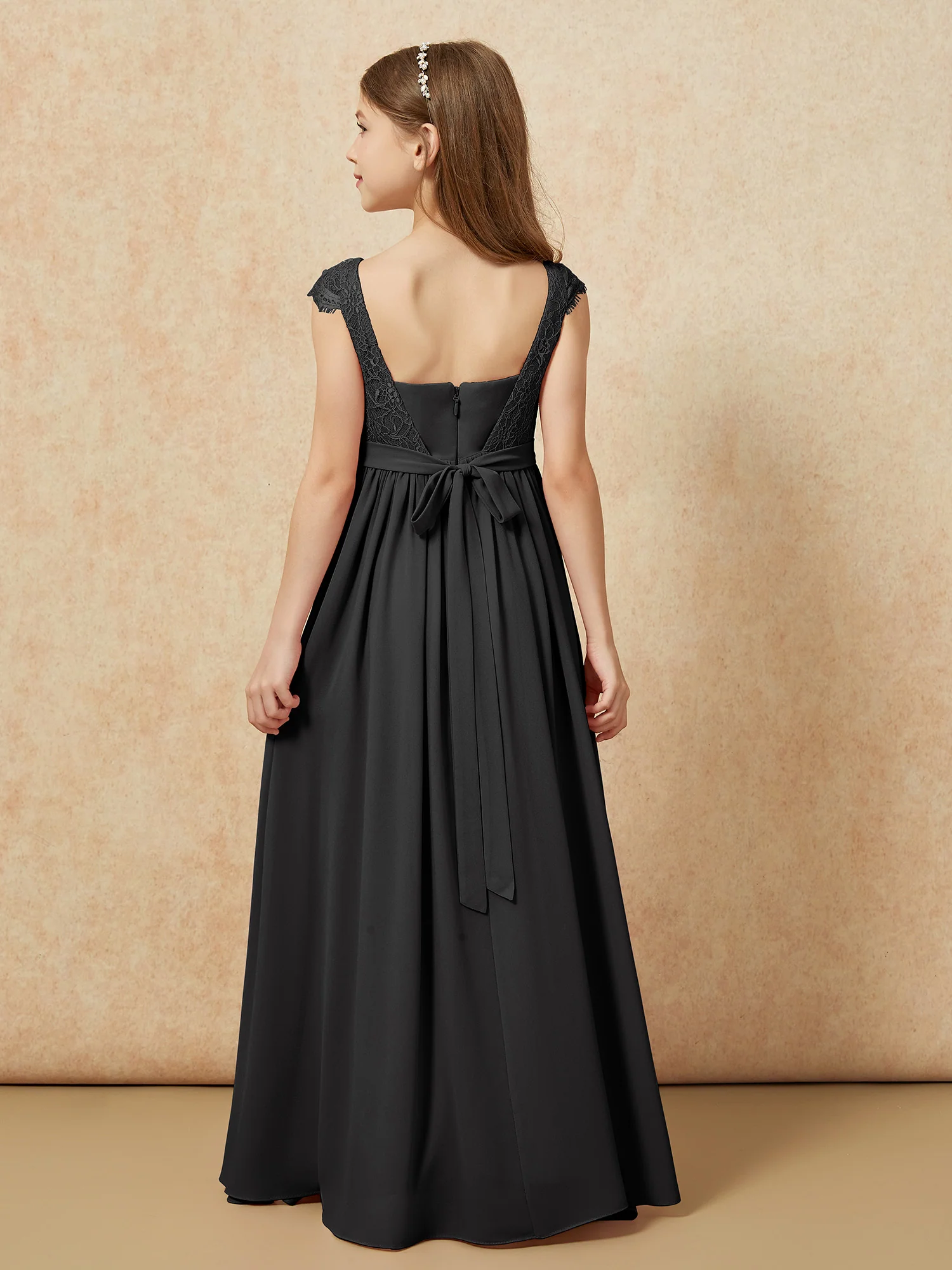 Cap Sleeve Lace Chiffon Junior Bridesmaid Dresses Black - Image 2