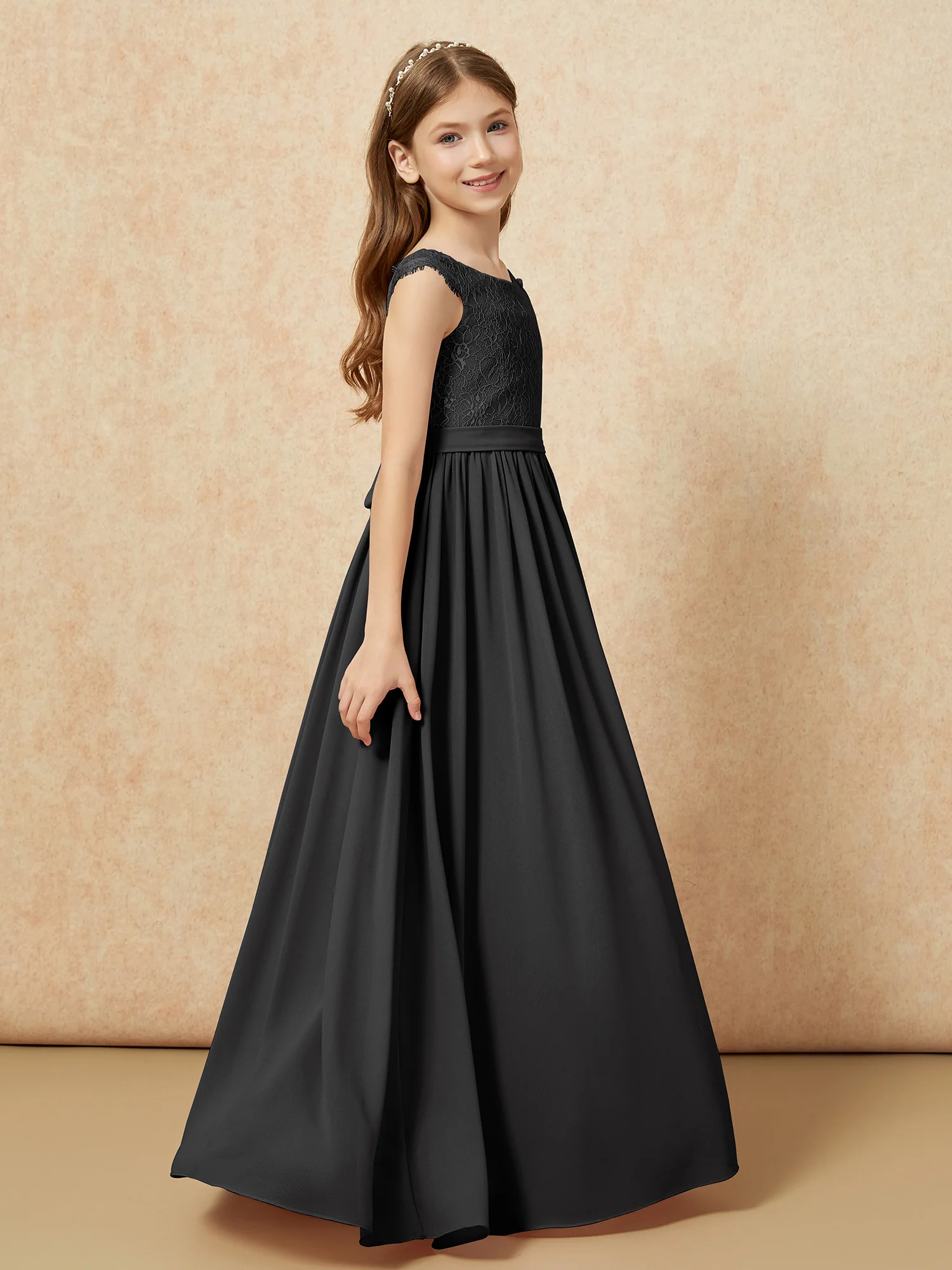 Cap Sleeve Lace Chiffon Junior Bridesmaid Dresses Black - Image 3