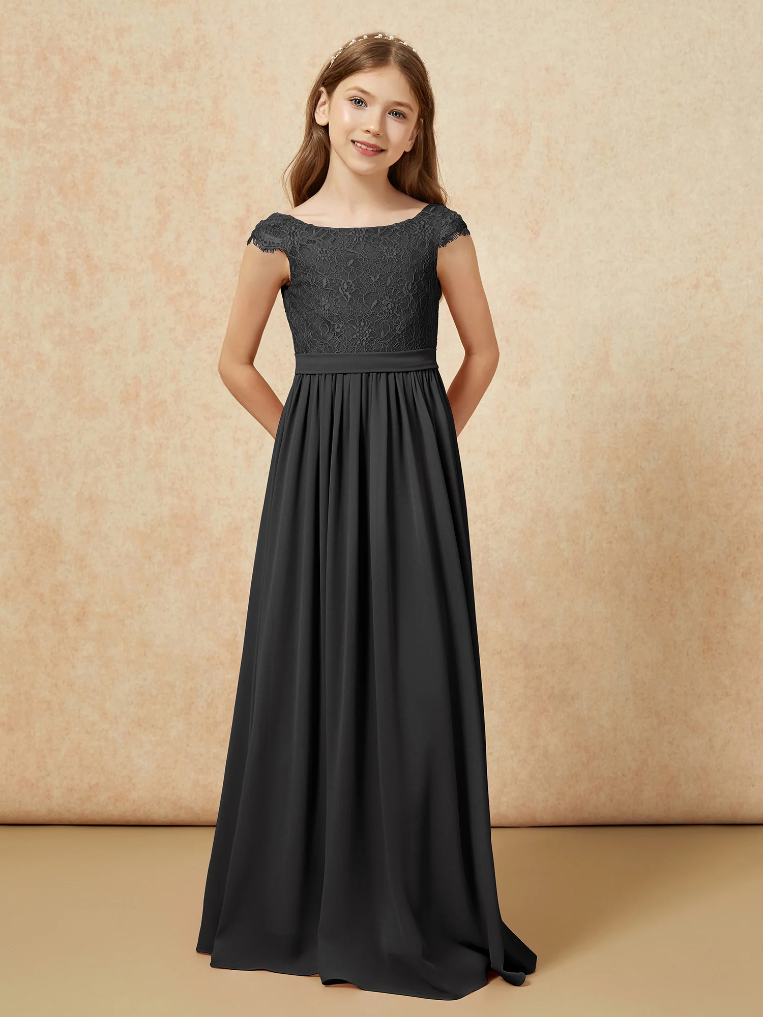Cap Sleeve Lace Chiffon Junior Bridesmaid Dresses Black - Image 4