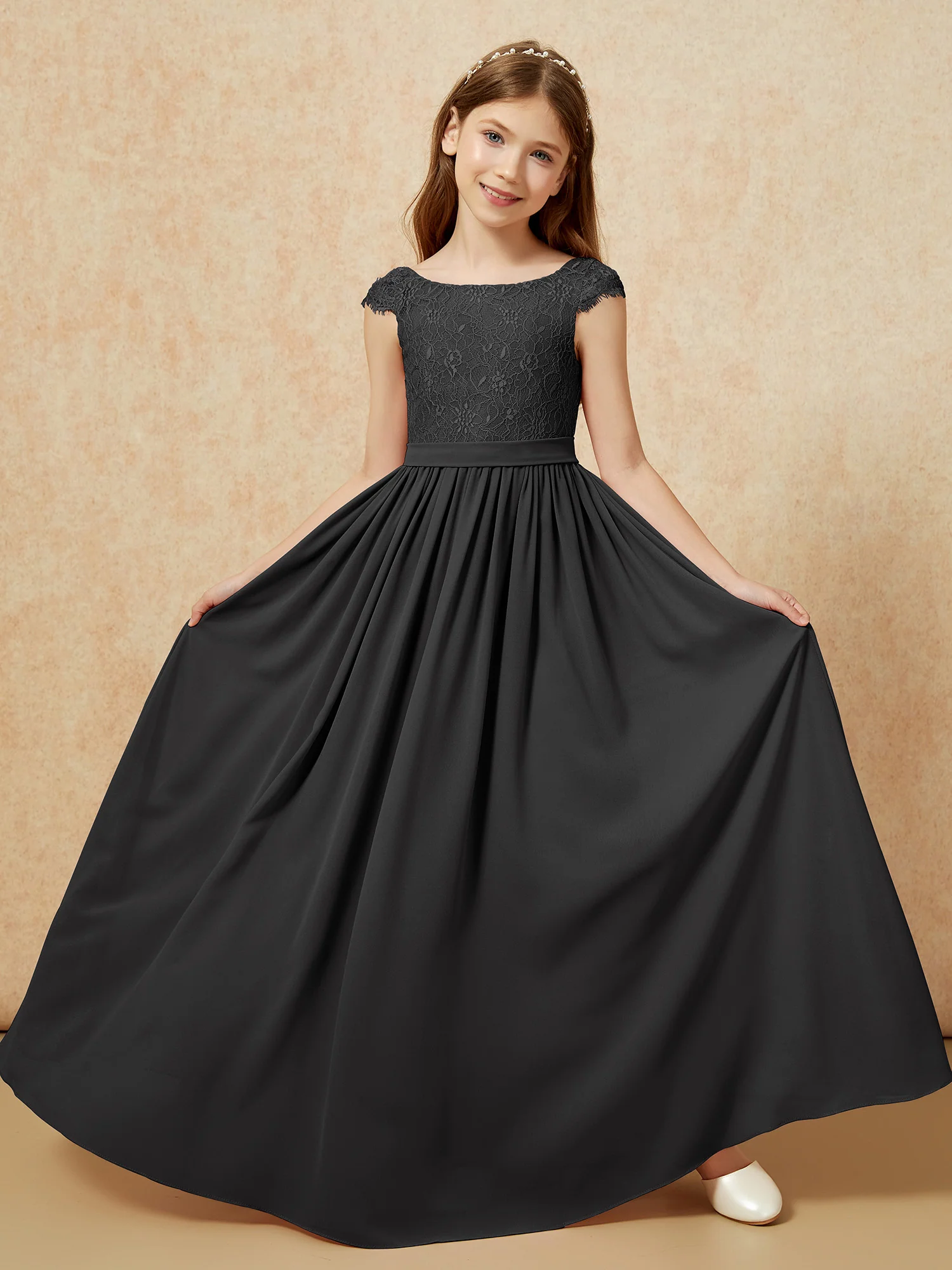 Cap Sleeve Lace Chiffon Junior Bridesmaid Dresses Black - Image 5