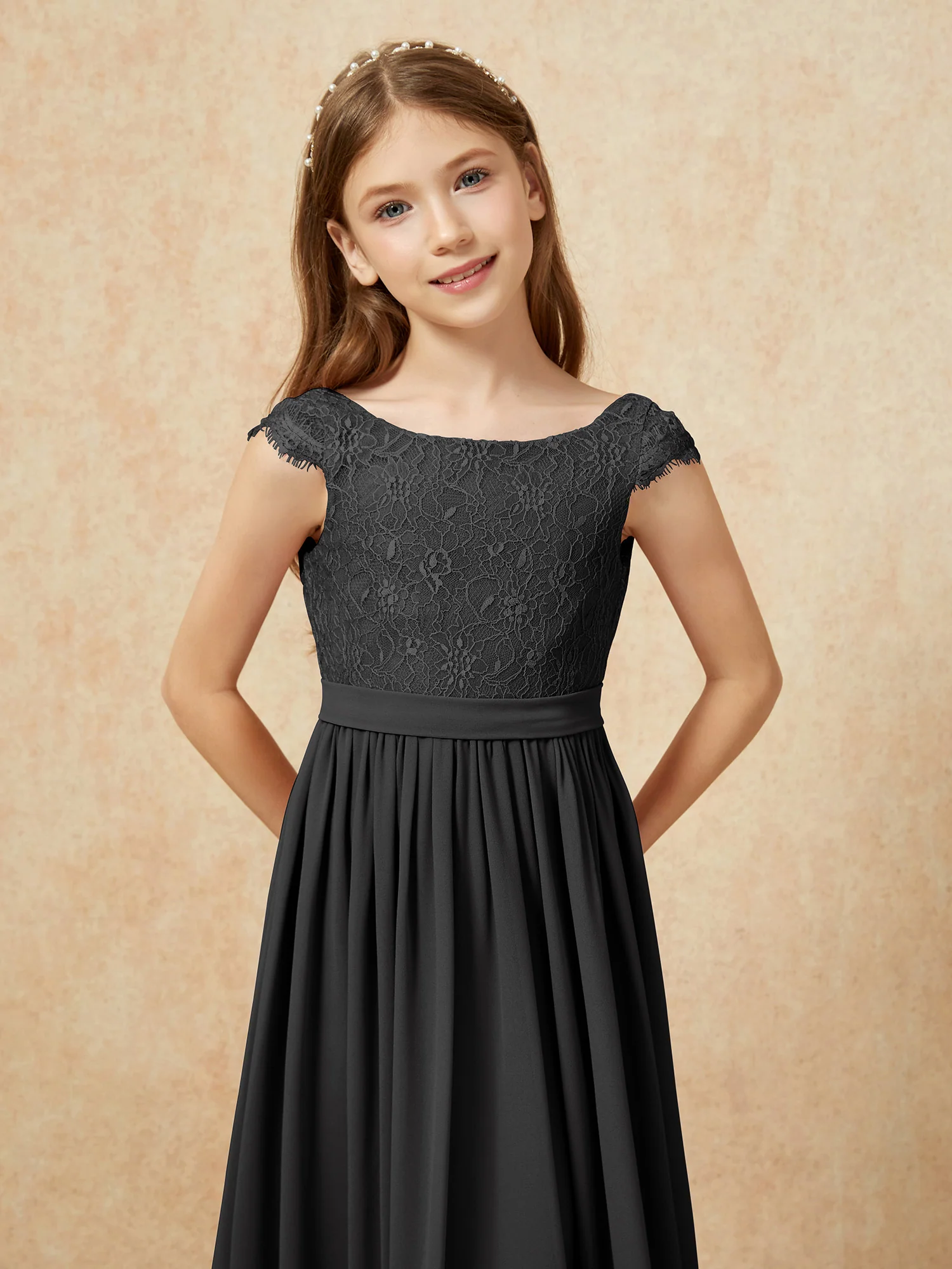 Cap Sleeve Lace Chiffon Junior Bridesmaid Dresses Black - Image 6