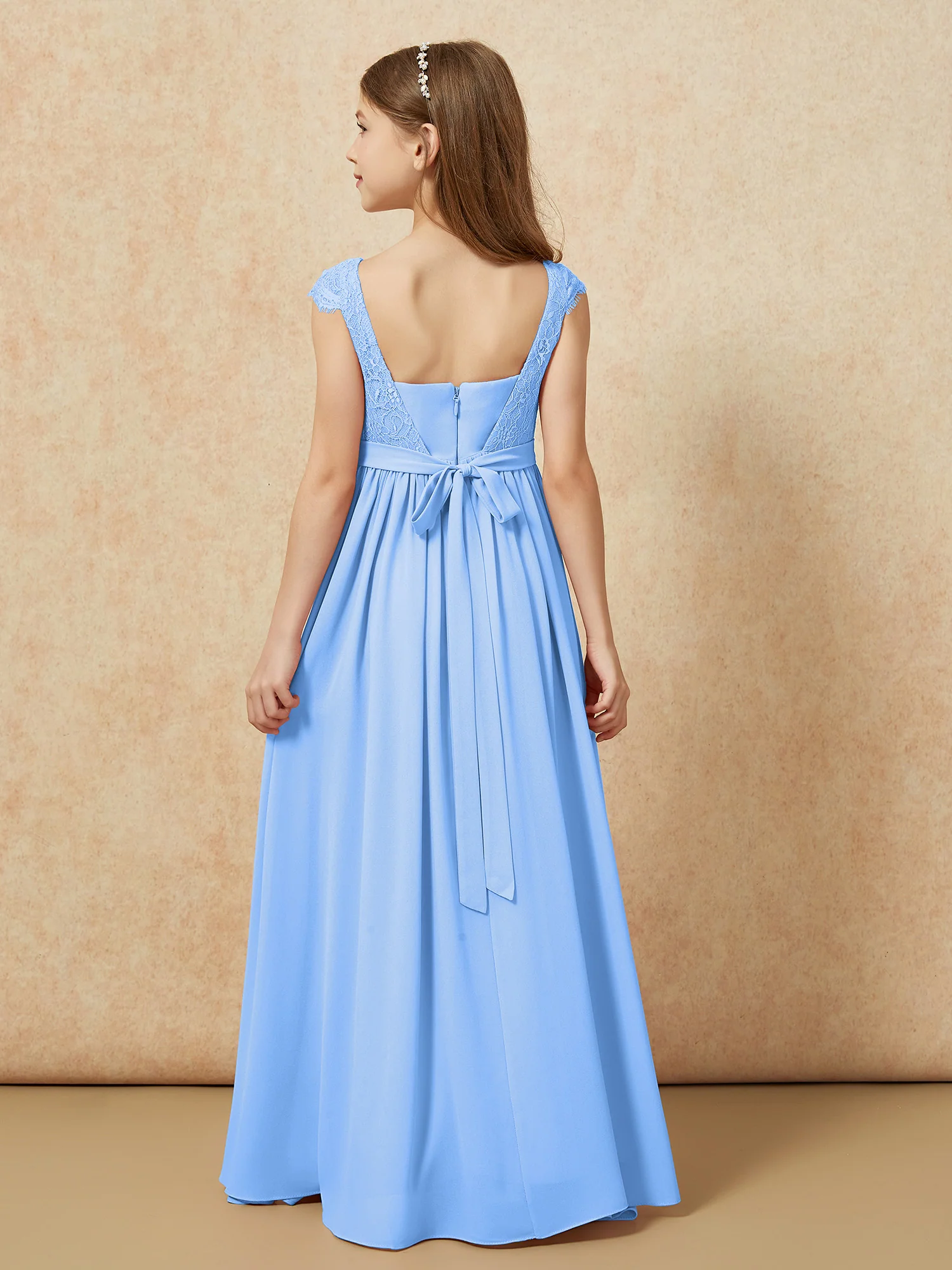 Cap Sleeve Lace Chiffon Junior Bridesmaid Dresses Blue - Image 2