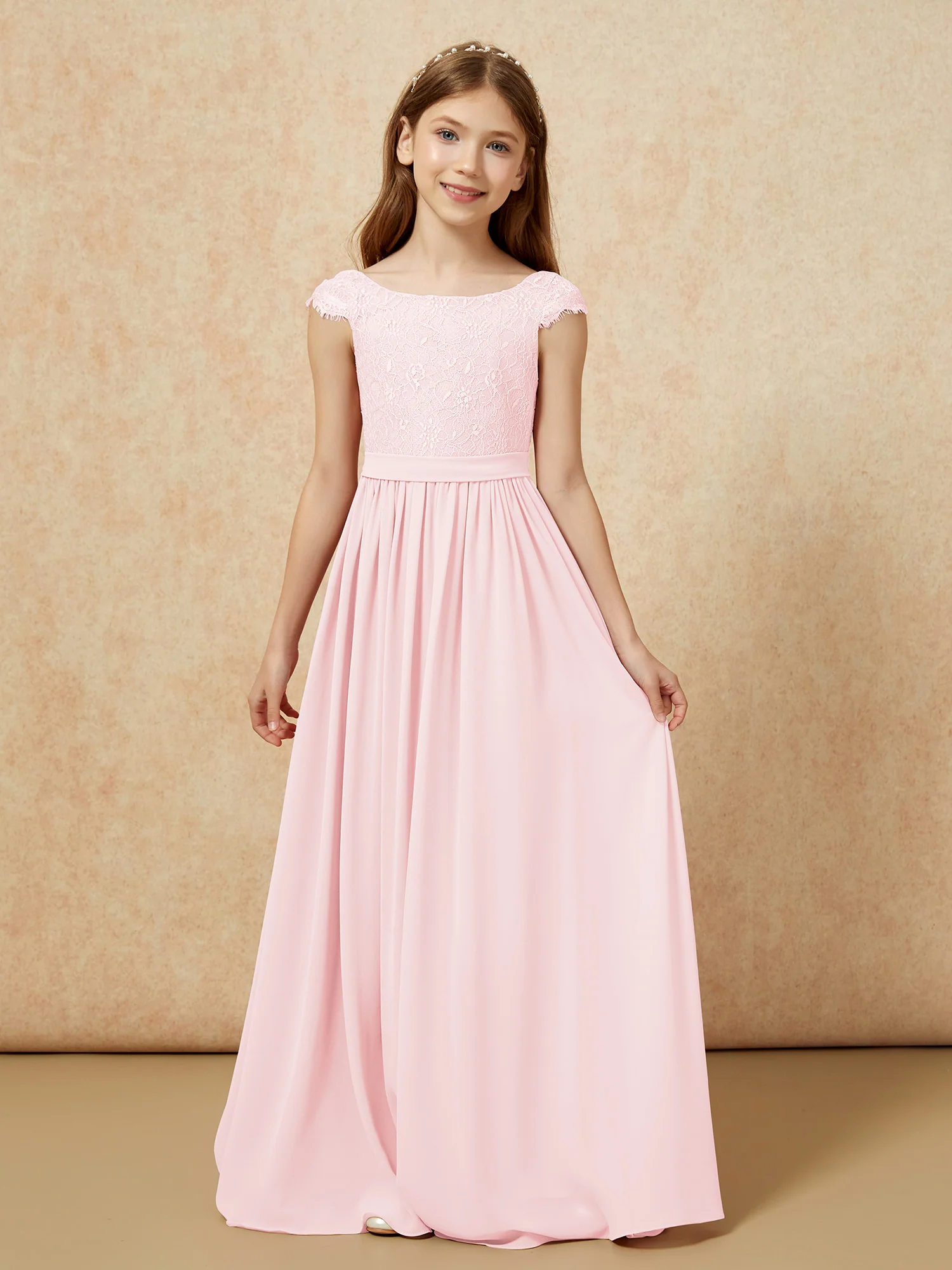 Cap Sleeve Lace Chiffon Junior Bridesmaid Dresses Blushing Pink