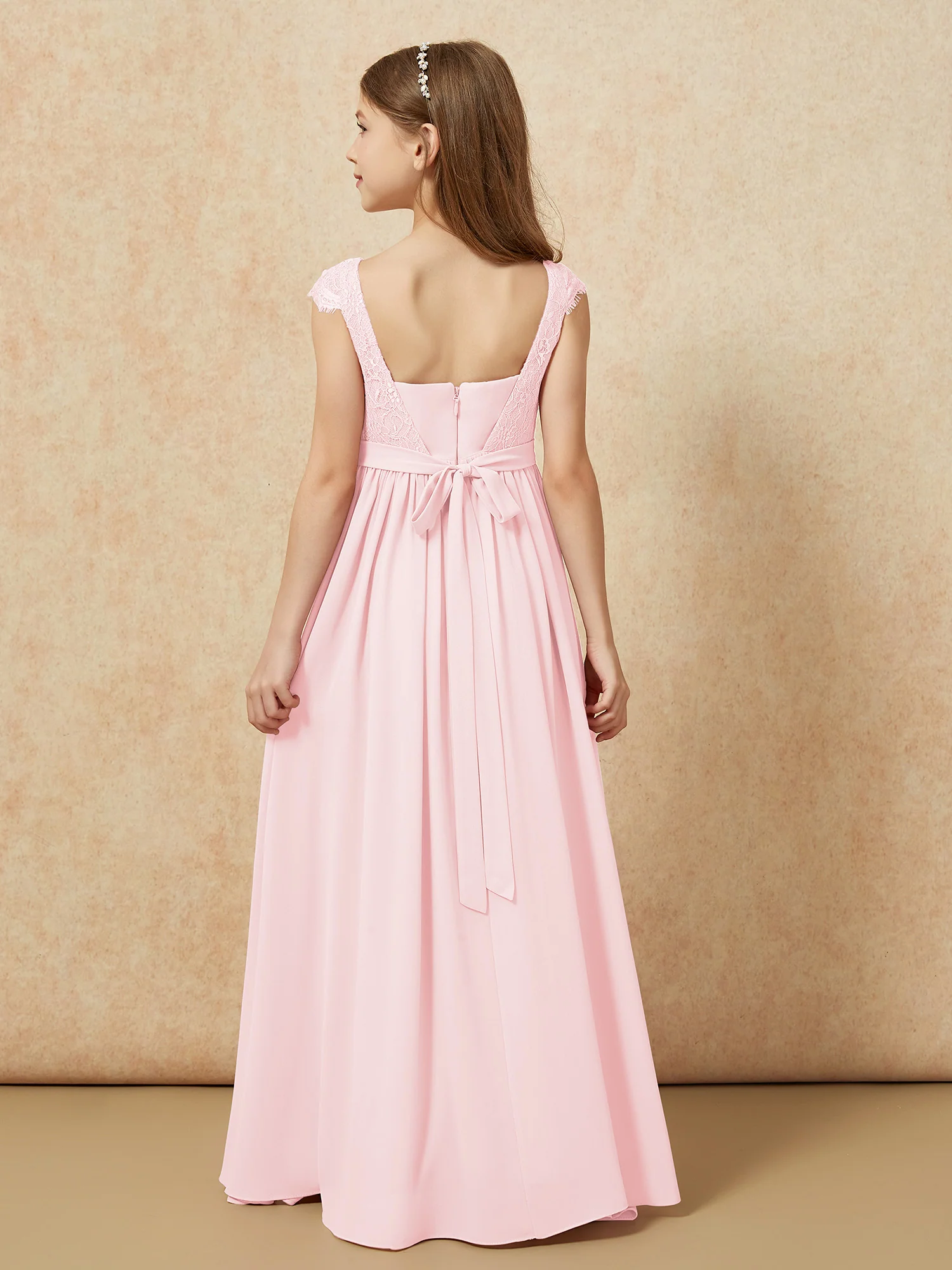 Cap Sleeve Lace Chiffon Junior Bridesmaid Dresses Blushing Pink - Image 2