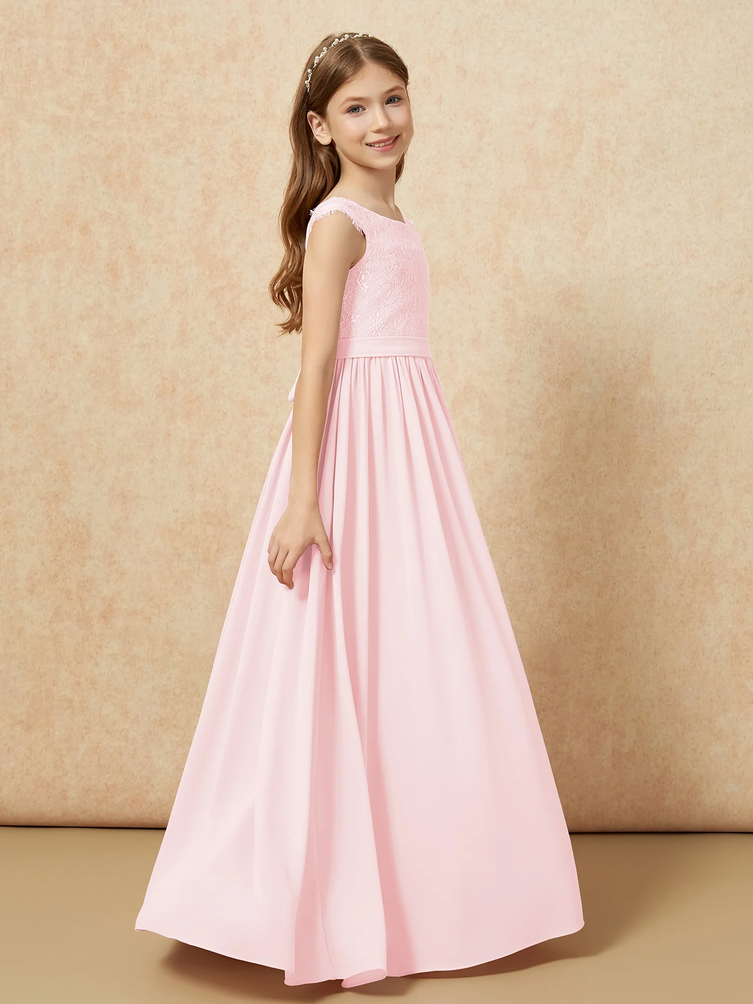 Cap Sleeve Lace Chiffon Junior Bridesmaid Dresses Blushing Pink - Image 3