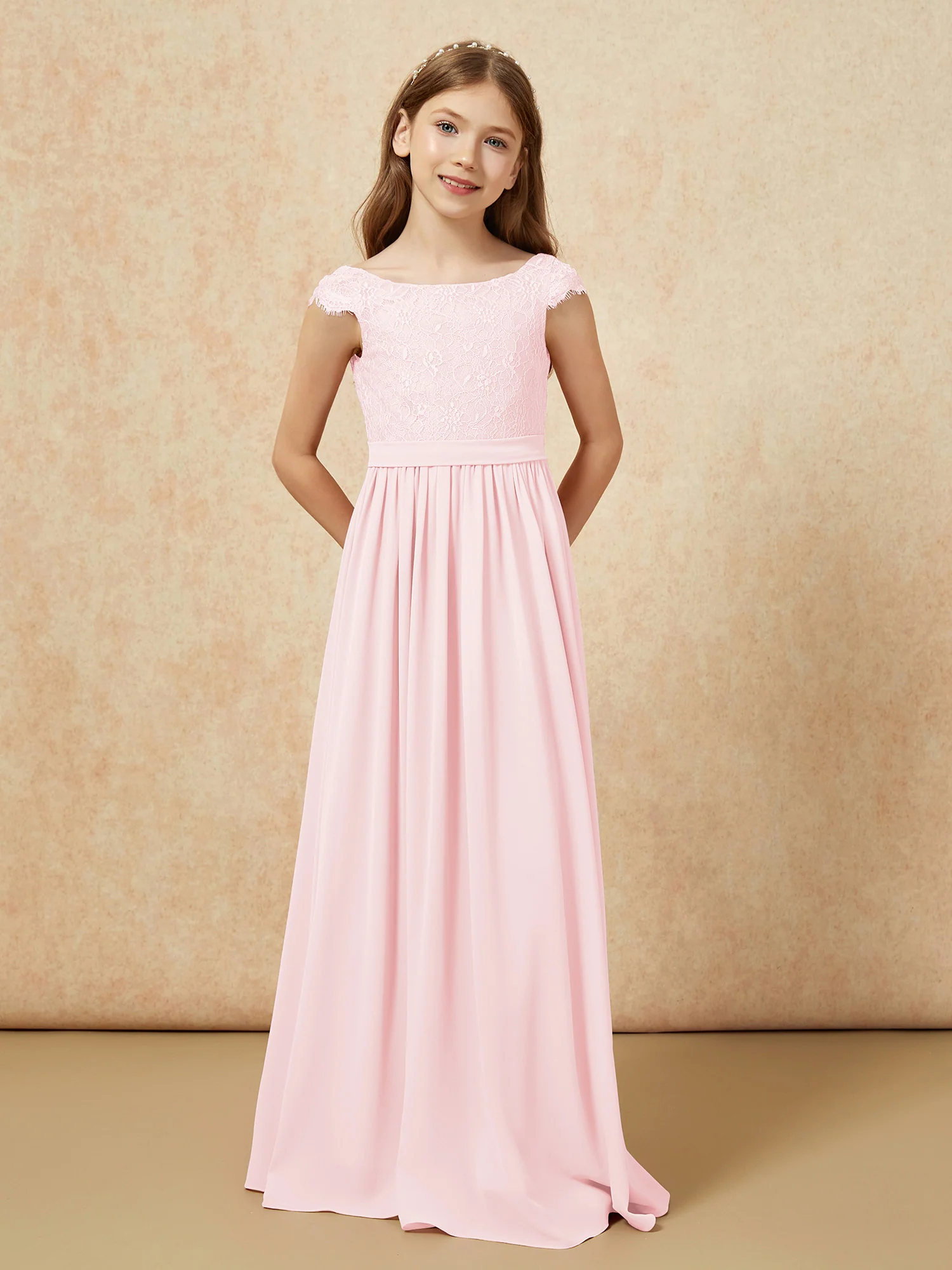 Cap Sleeve Lace Chiffon Junior Bridesmaid Dresses Blushing Pink - Image 4