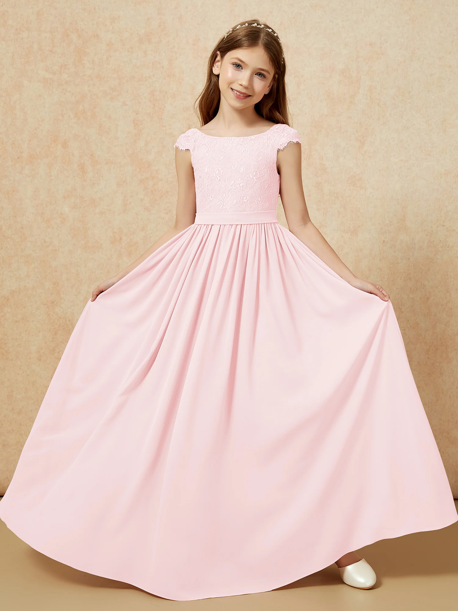 Cap Sleeve Lace Chiffon Junior Bridesmaid Dresses Blushing Pink - Image 5
